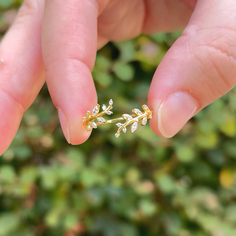 Fall Leaf Ring by Stella Amoré: 925 Sterling Silver Adjustable Vine Band with CZ Sparkle