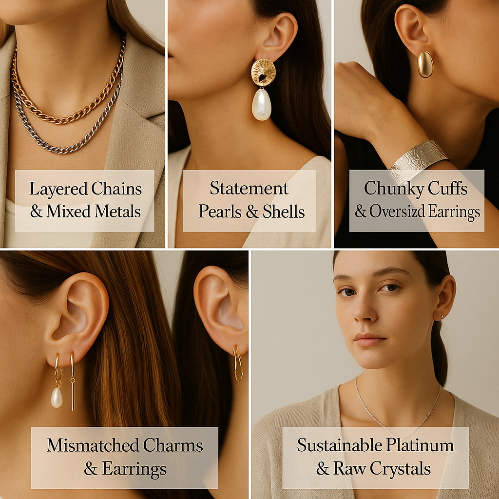 A stylish 5‑panel grid collage showing five jewelry trends:   (1) layered chains with mixed gold and silver.