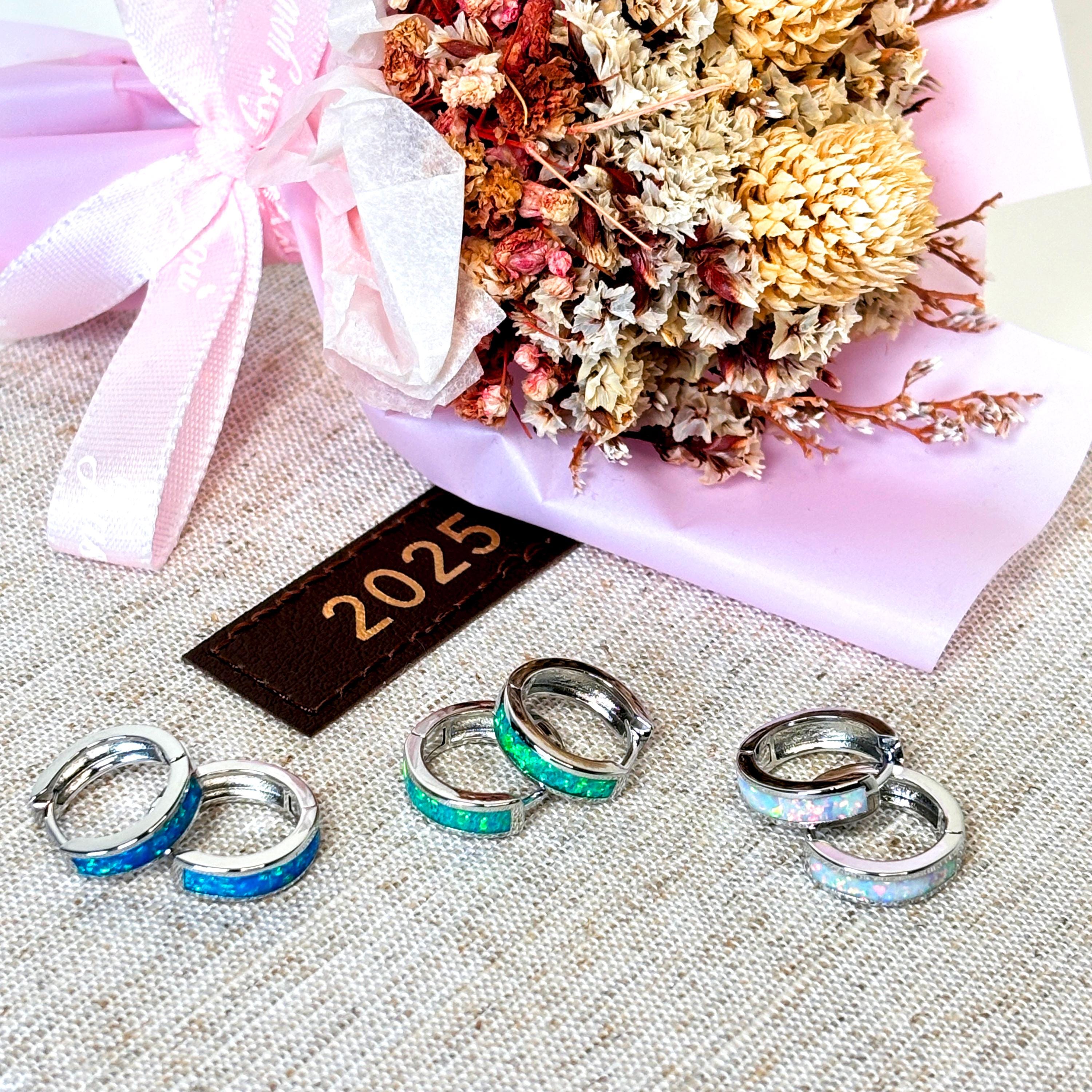 Sterling Silver Opal Huggie Hoop Earrings by Stella Amoré