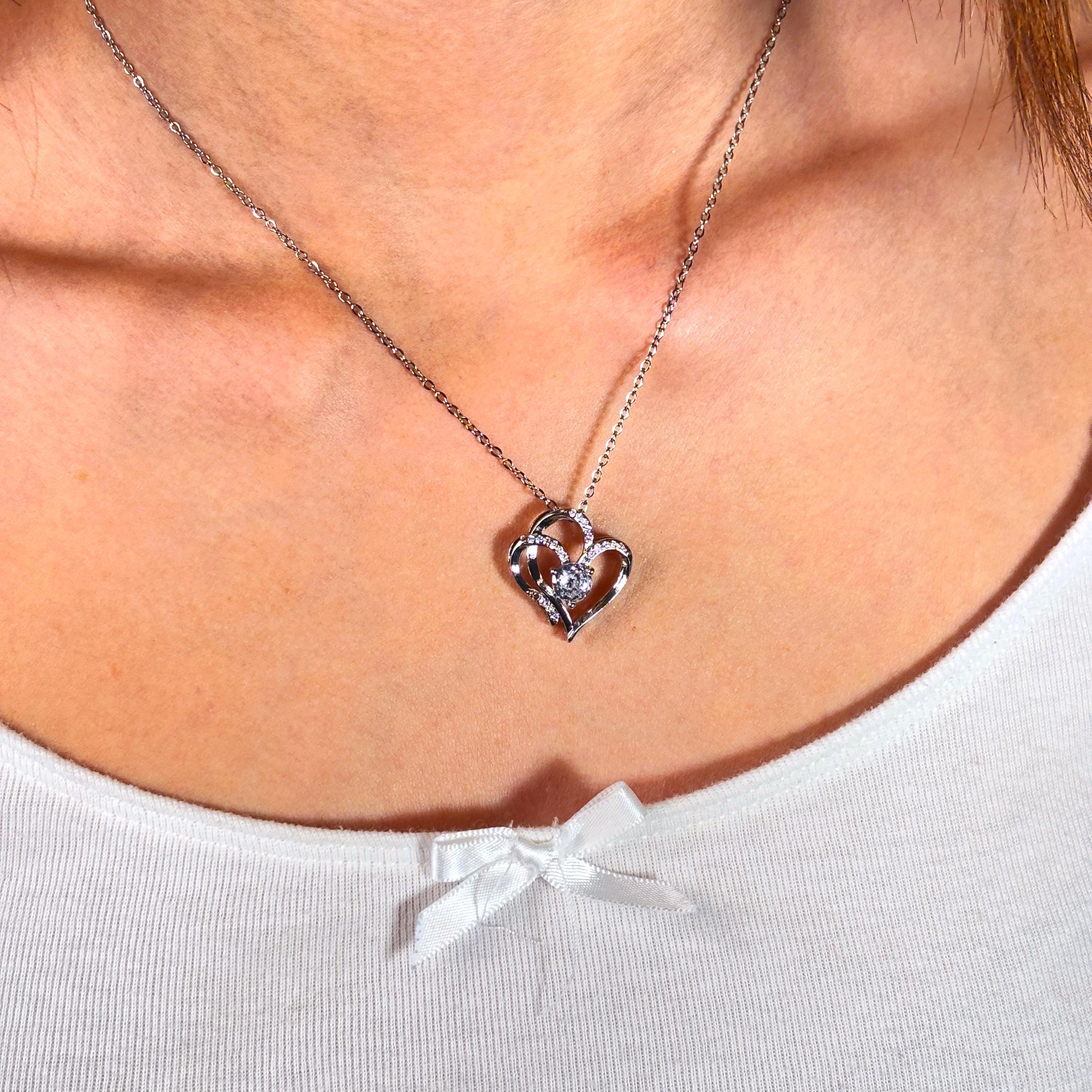 925 Silver Double Heart Necklace with Round Cut CZ by Stella Amoré