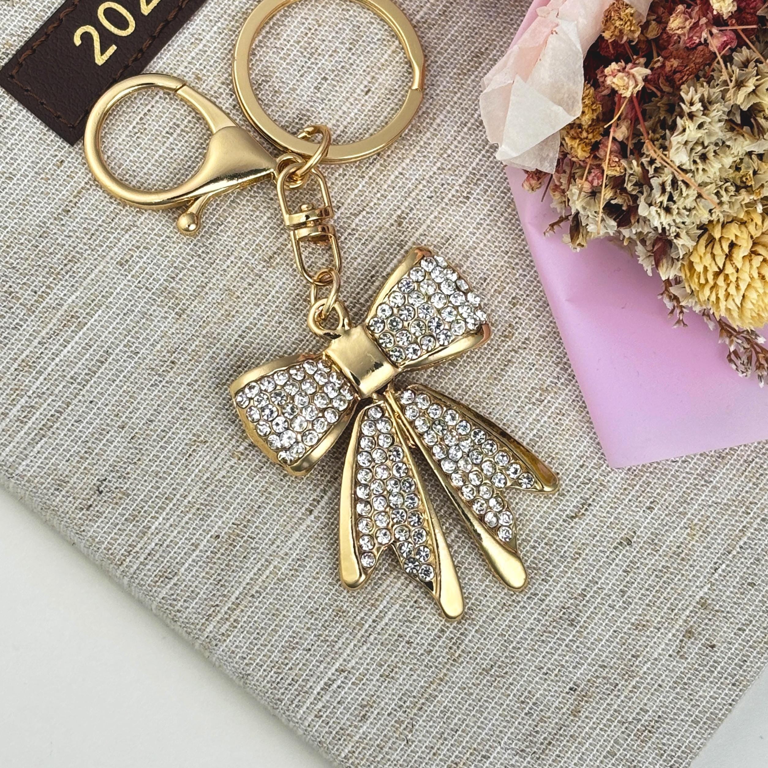 Blue Rhinestone Bow Keychain – New Car Driver Gift, Bling Crystal Bow Charm, Balletcore Keyring, Cute Gift for Mom, Stocking Stuffer