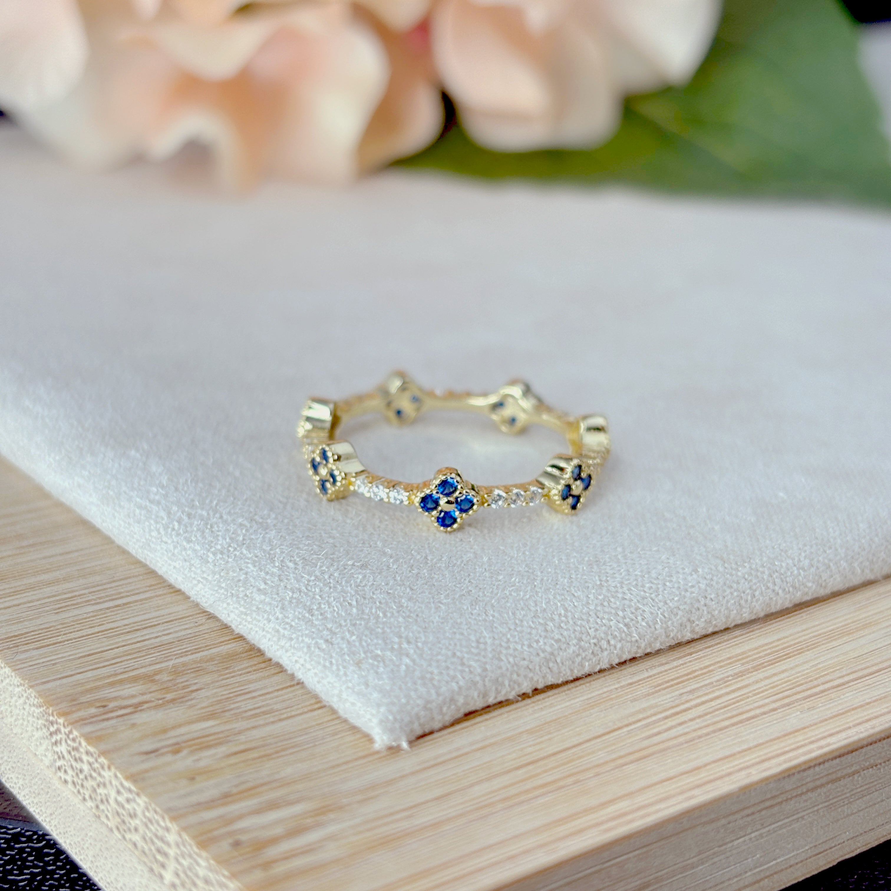 Gold Clover CZ Ring • Sterling Silver, Lucky Birthstone Band