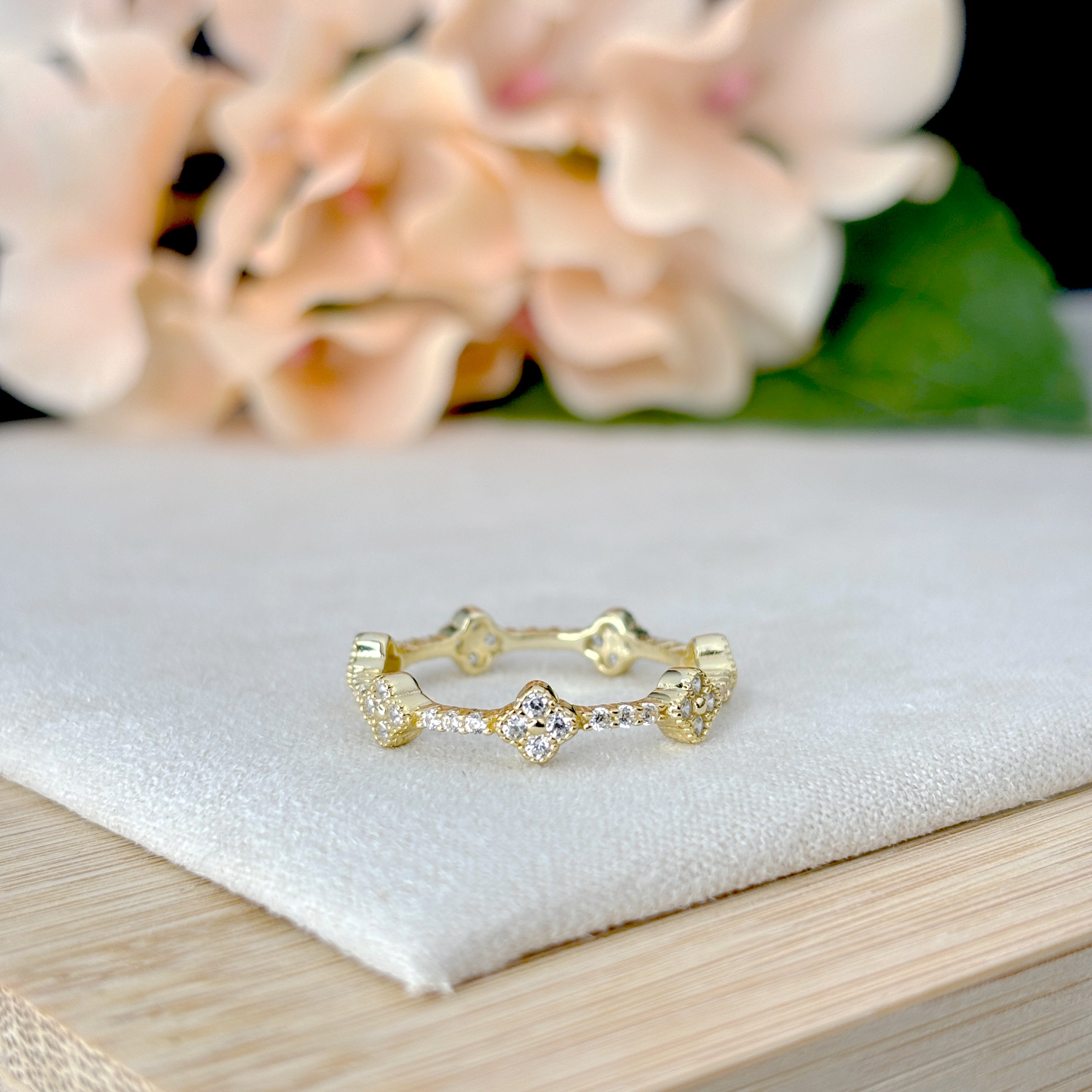 Gold Clover CZ Ring • Sterling Silver, Lucky Birthstone Band