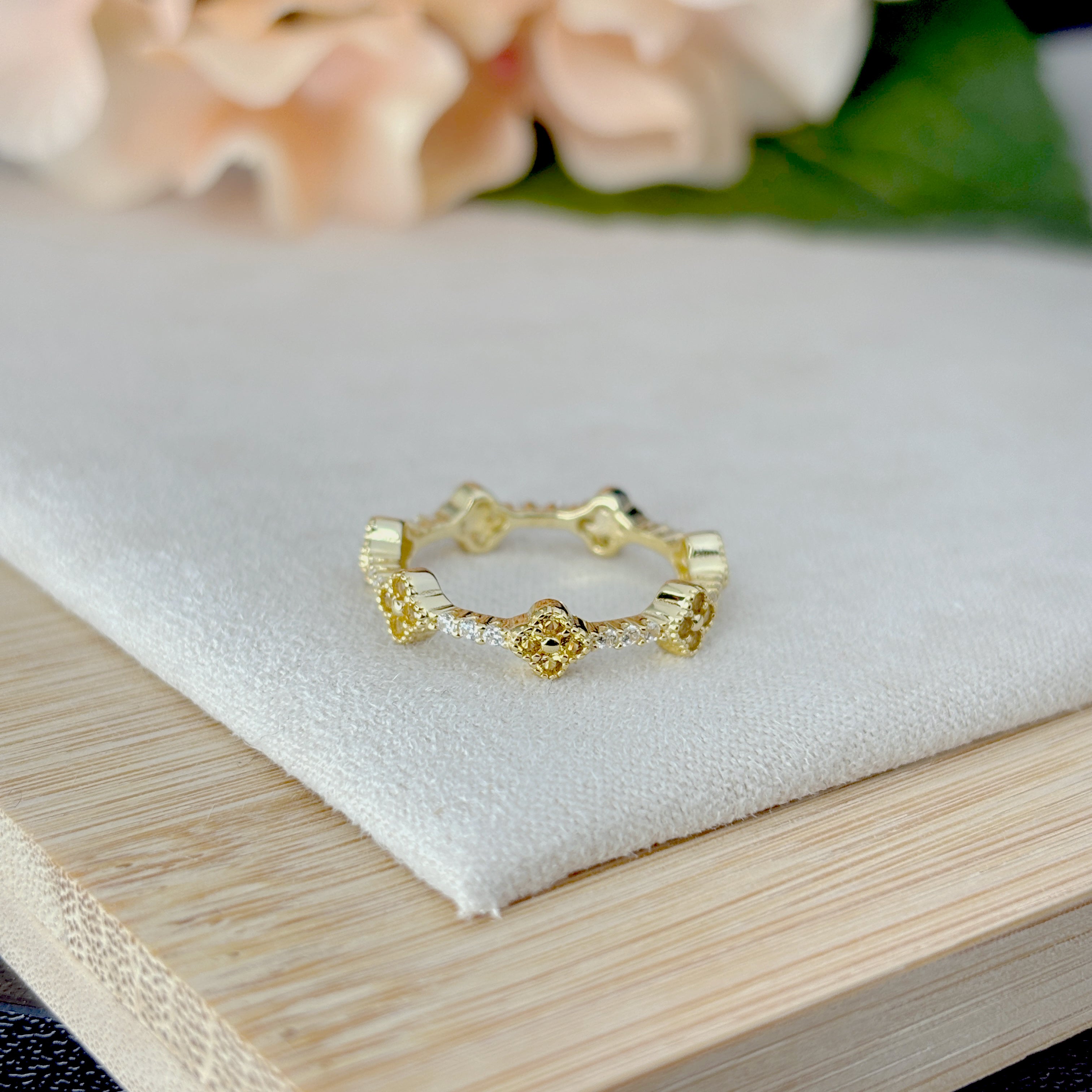 Gold Clover CZ Ring • Sterling Silver, Lucky Birthstone Band