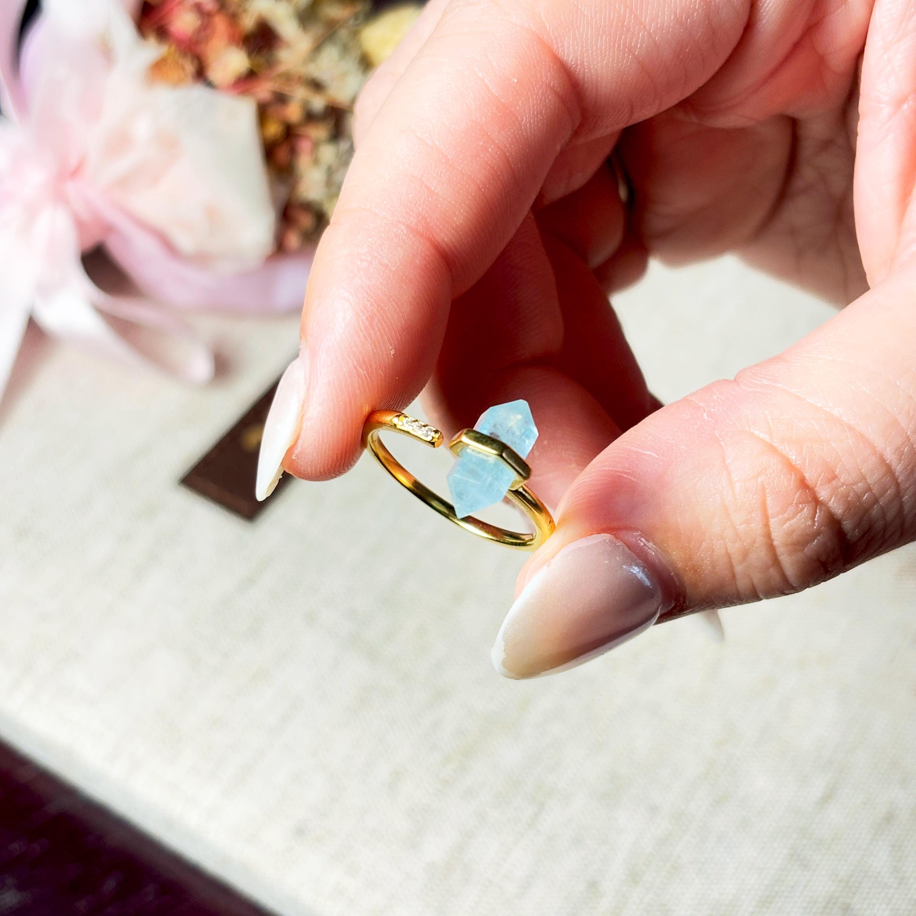 Aquamarine Crystal Wand Ring – Adjustable Hexagonal Point