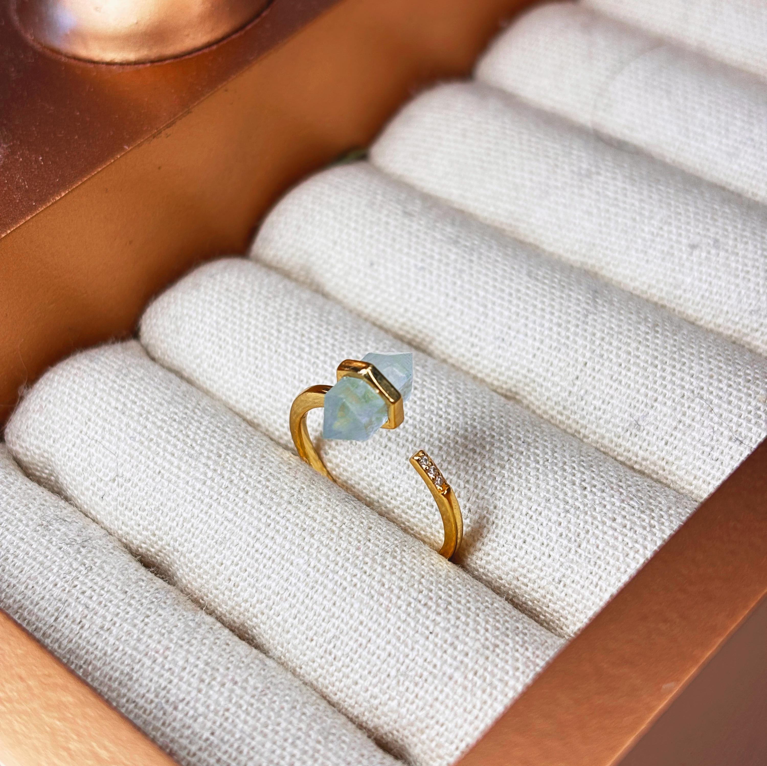 Aquamarine Crystal Wand Ring – Adjustable Hexagonal Point