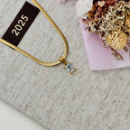 18K Gold Herringbone Snake Chain with Baguette Cut CZ Charm by Stella Amoré