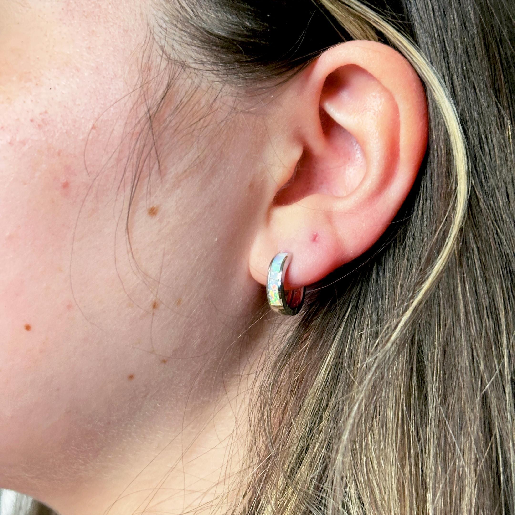 Sterling Silver Opal Huggie Hoop Earrings by Stella Amoré