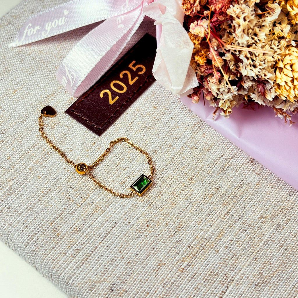 Dainty Adjustable Emerald Chain Ring in Gold by Stella Amoré