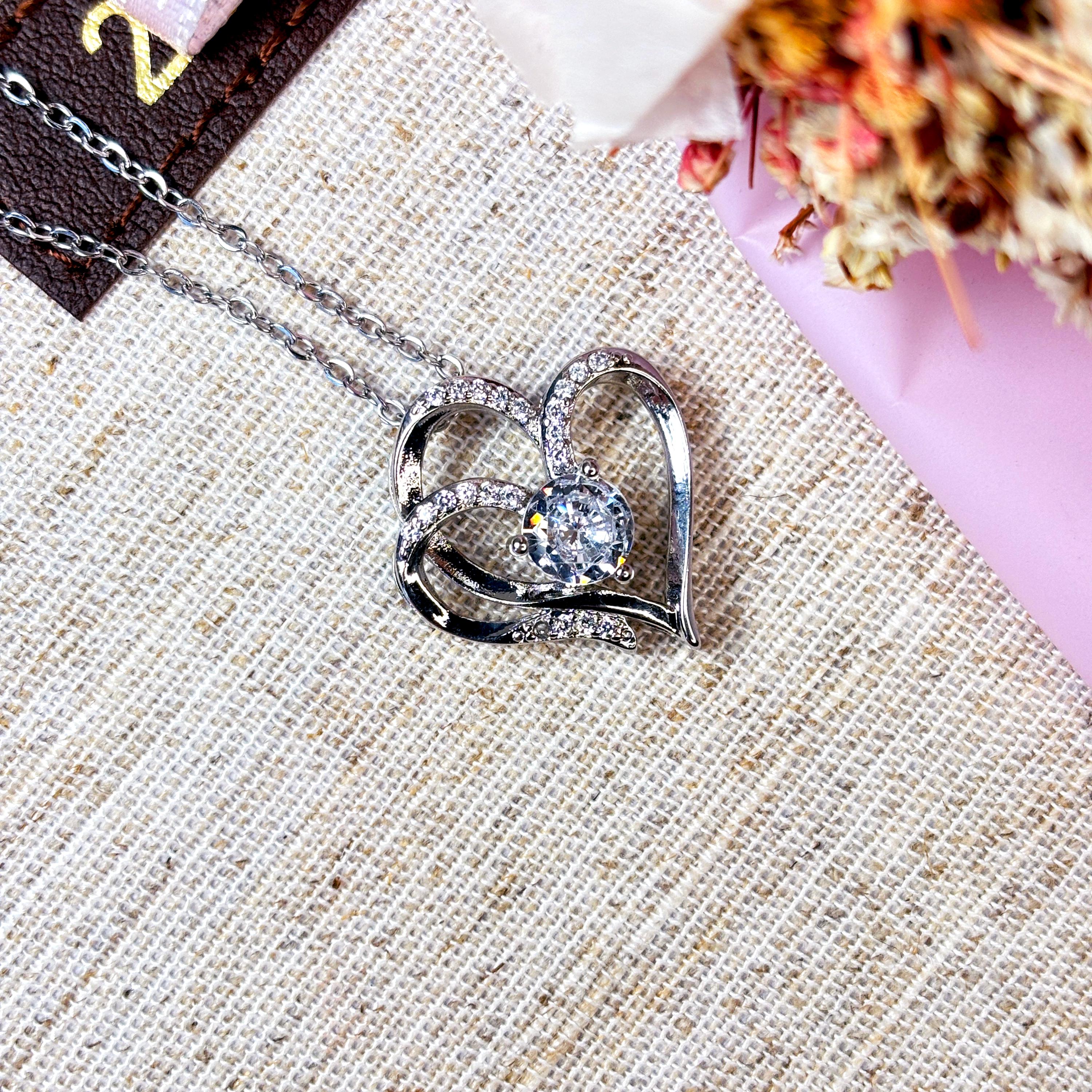 925 Silver Double Heart Necklace with Round Cut CZ by Stella Amoré