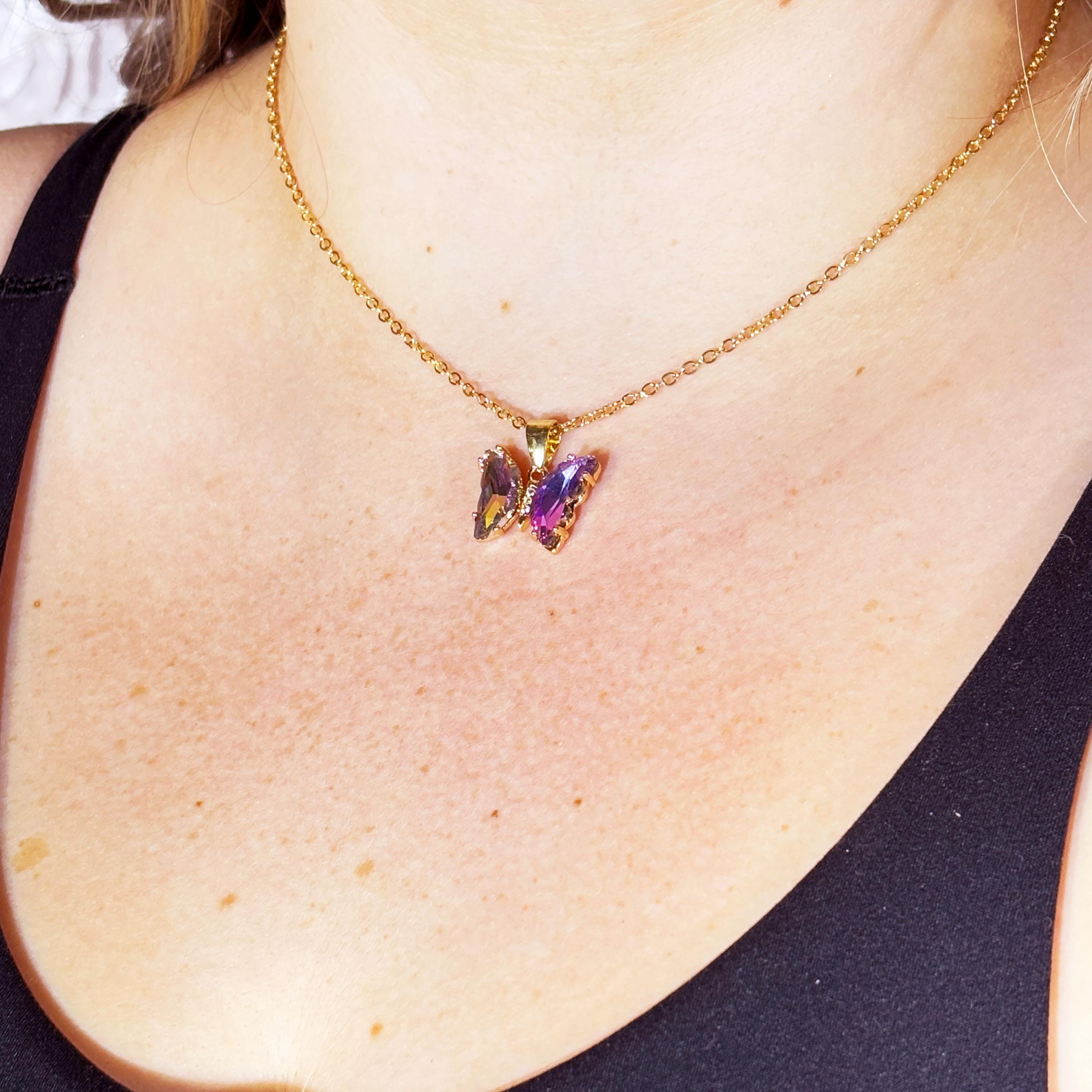 Iridescent Gradient Crystal Butterfly Necklace by Stella Amoré
