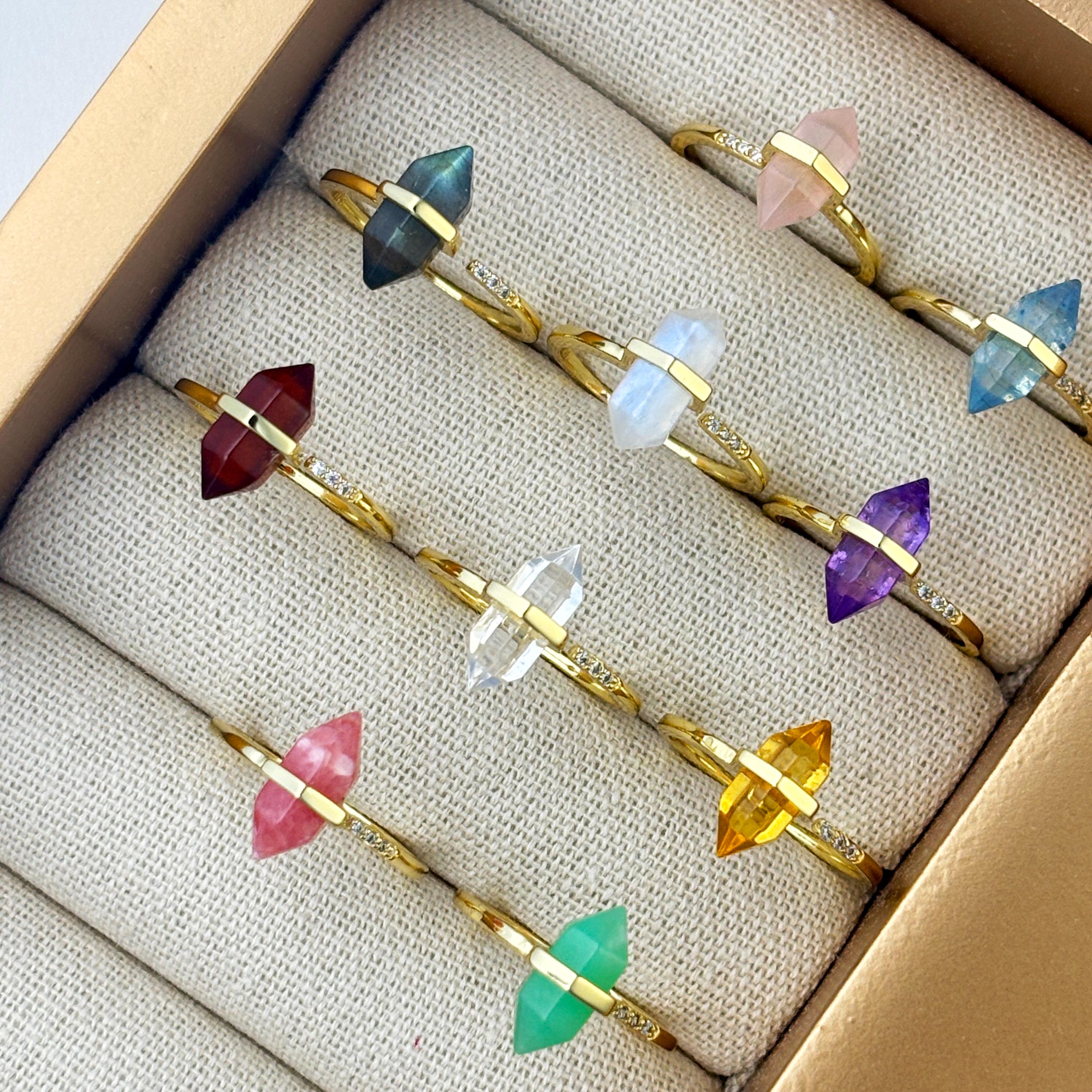 Aquamarine Crystal Wand Ring – Adjustable Hexagonal Point
