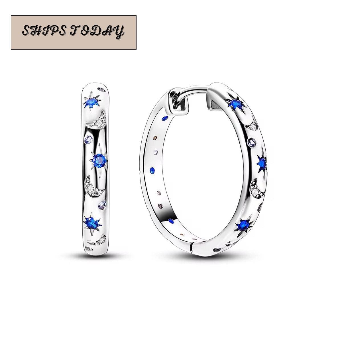 Blue Moon & Starburst Hoop Earrings by Stella Amoré