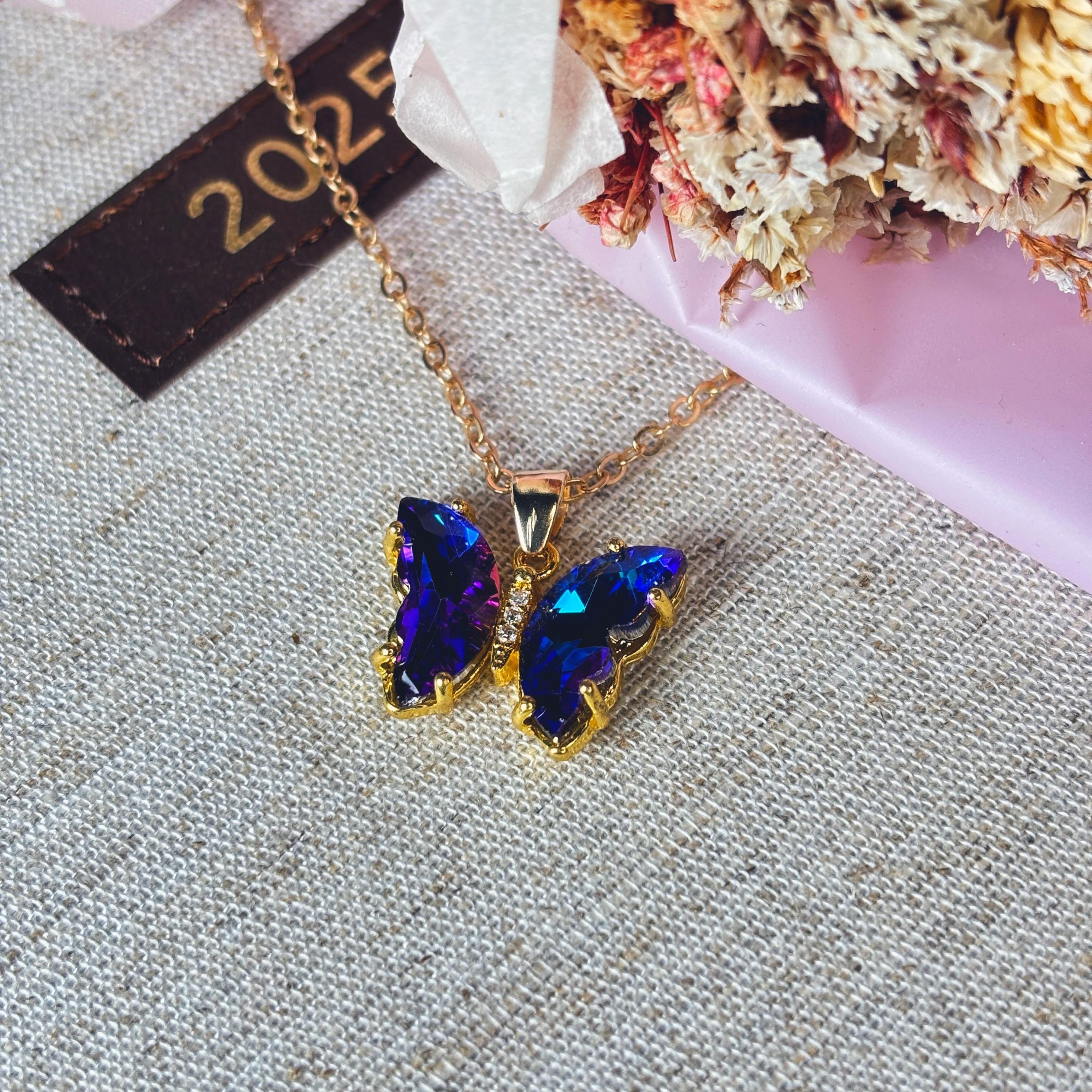 Iridescent Gradient Crystal Butterfly Necklace by Stella Amoré