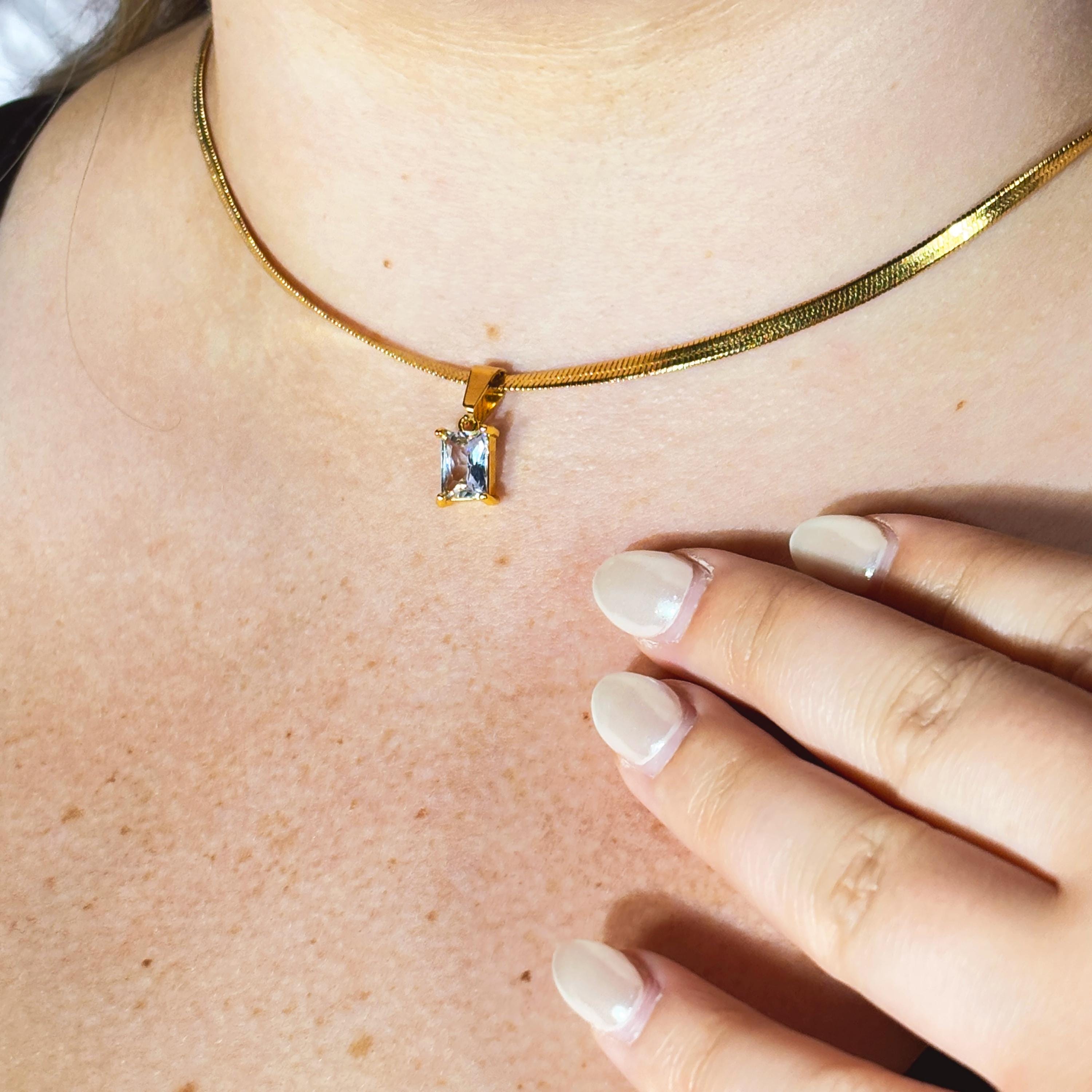 18K Gold Herringbone Snake Chain with Baguette Cut CZ Charm by Stella Amoré