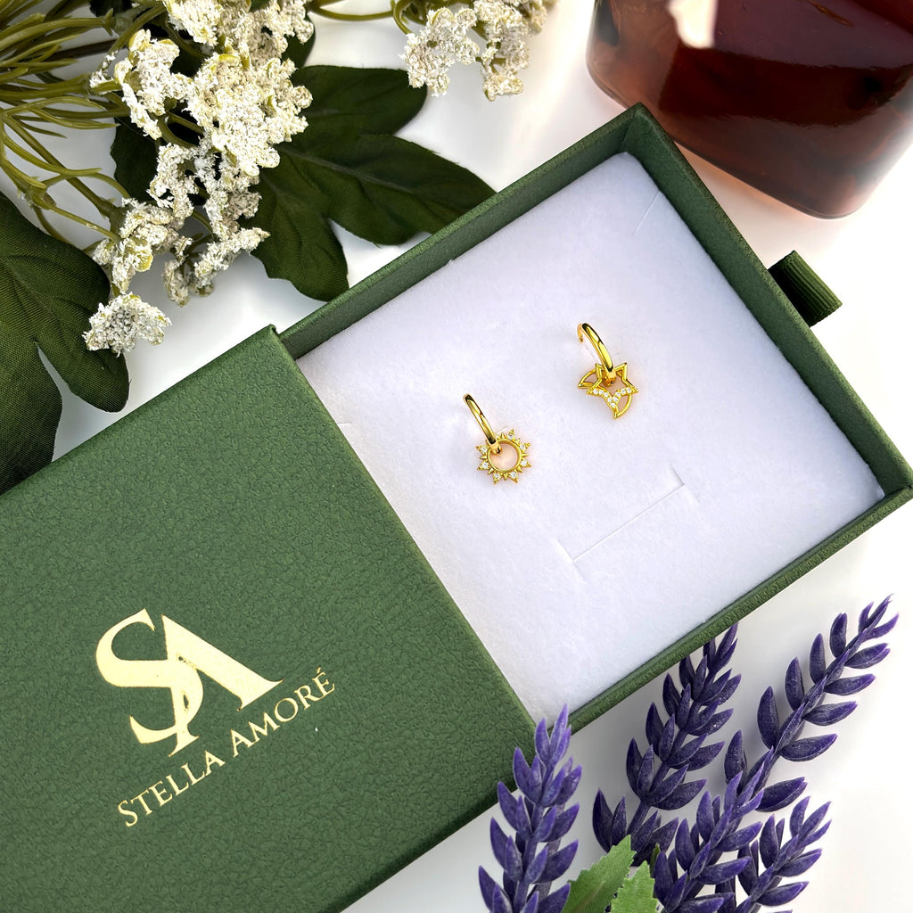 Mismatched Sun Star Moon Dangle Earrings by Stella Amoré