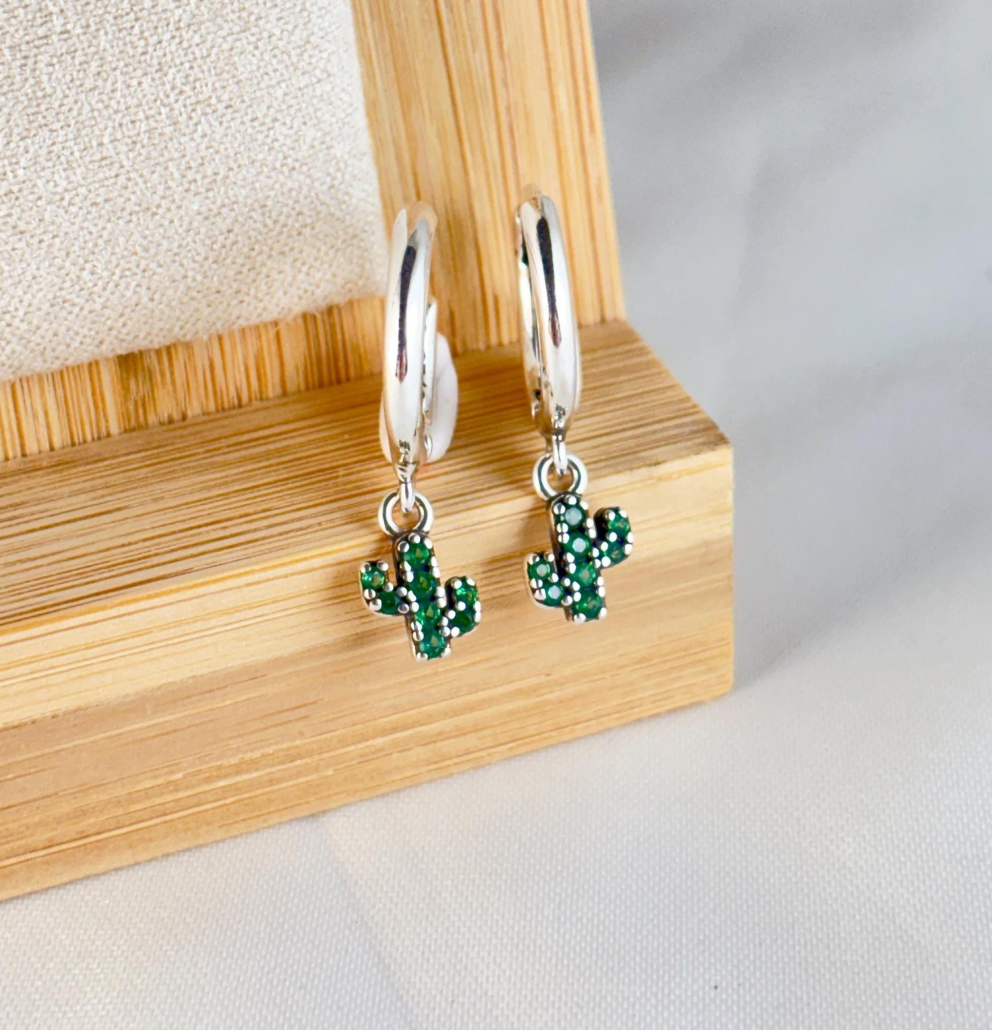 925 Sterling Silver Cactus Dangle Hoop Earrings by Stella Amoré
