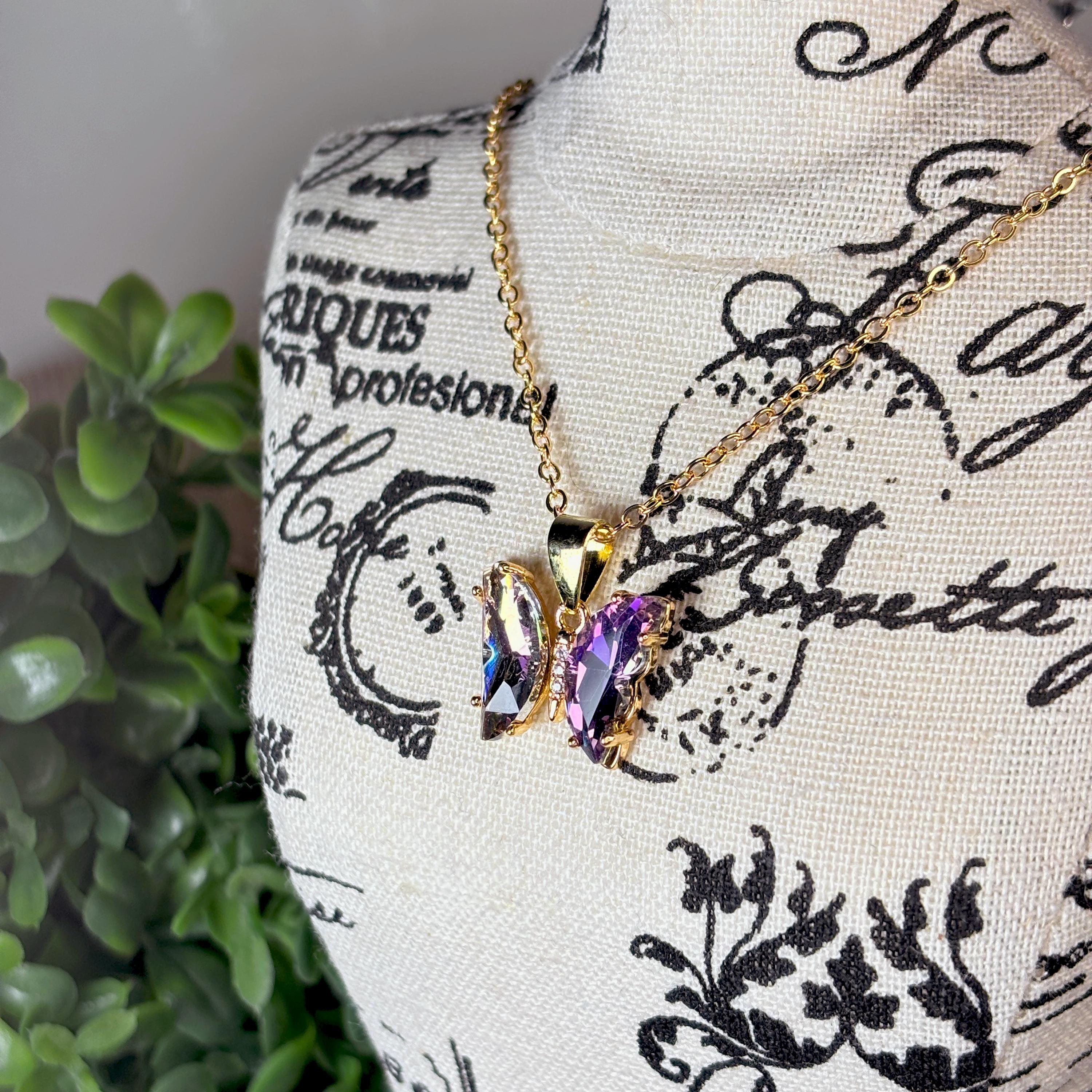 Iridescent Gradient Crystal Butterfly Necklace by Stella Amoré