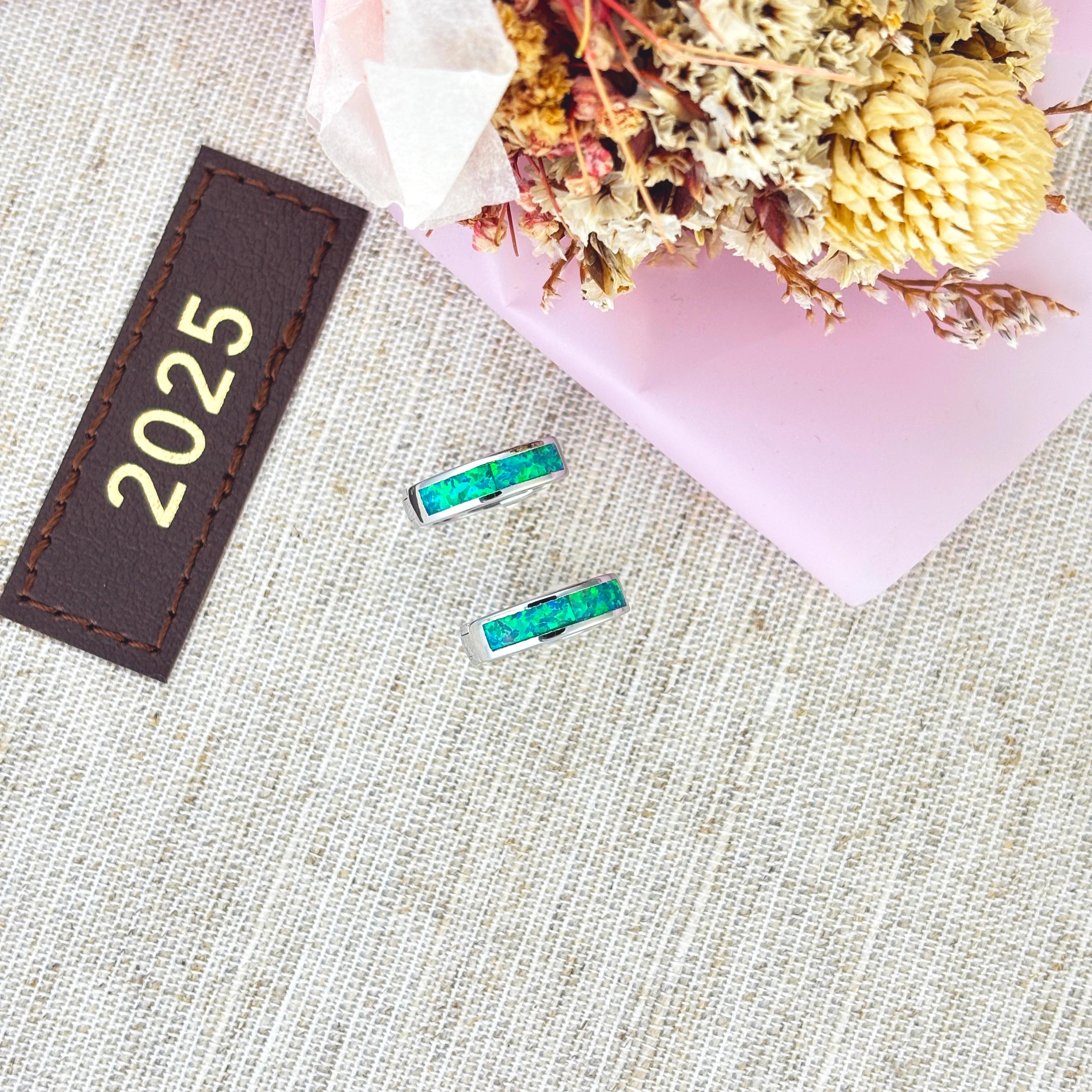 Sterling Silver Opal Huggie Hoop Earrings by Stella Amoré