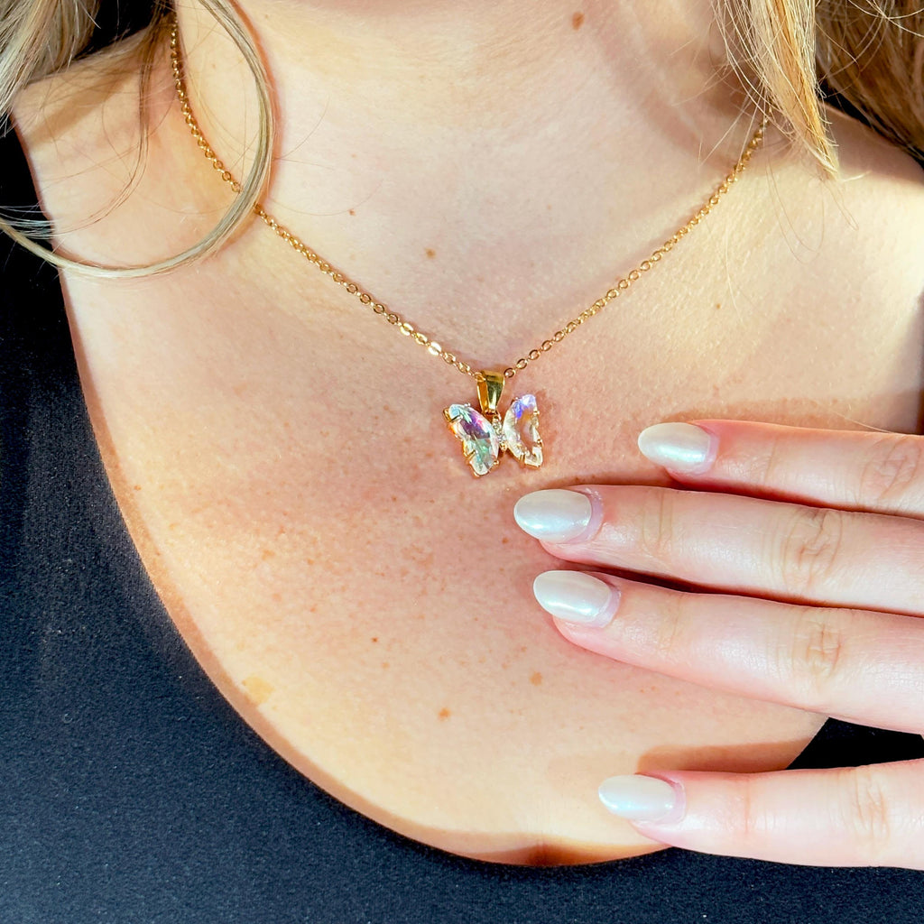 Iridescent Gradient Crystal Butterfly Necklace by Stella Amoré