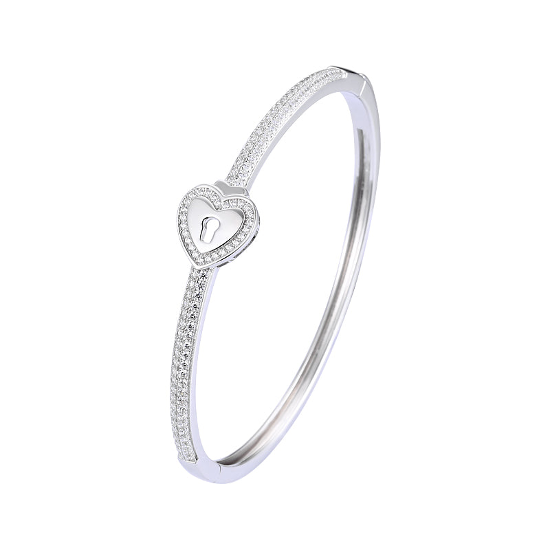 Heart Padlock Bangle Bracelet – 18K White & Yellow Gold Vermeil over Sterling Silver Sentimental Gift for Her, Promise Jewelry