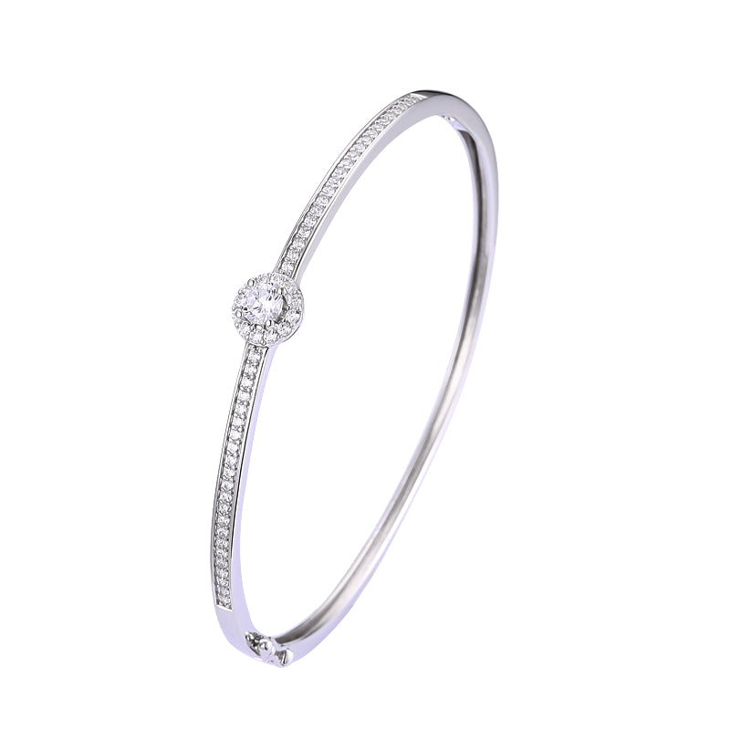 Solitaire Diamond Bangle Bracelet – White Gold Vermeil over Sterling Silver, Pave CZ Bridal Jewelry, Promise Gift for Her