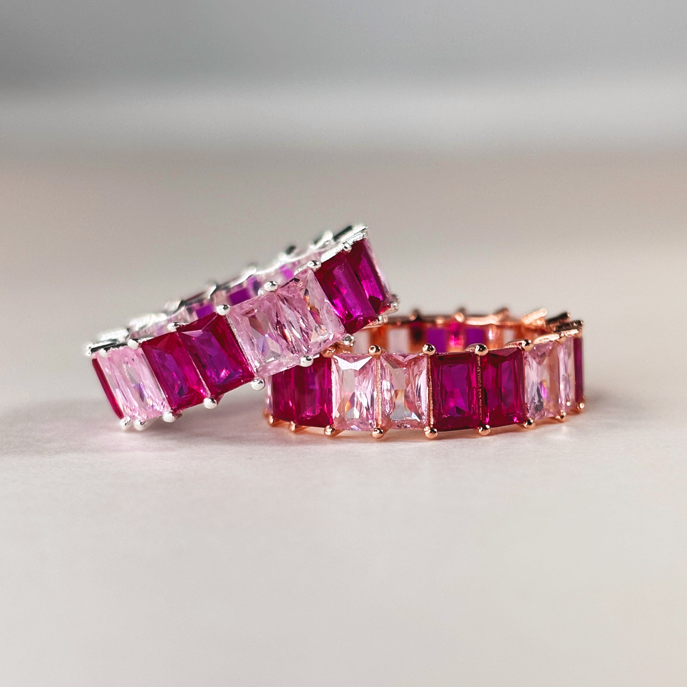 Baguette Eternity Ring — Full Eternity Band with Pink Ruby CZ • Emerald Cut Stacking Ring • Dainty Anniversary Gift for Girlfriend or Sister