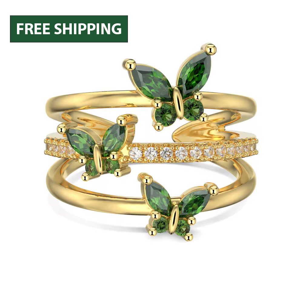 14K Gold Butterfly Crystal Ring: Adjustable Birthstone Jewelry