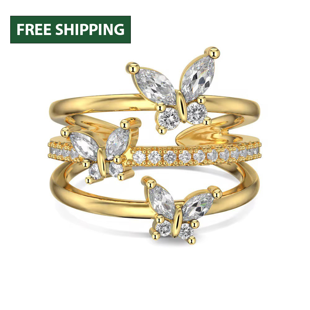 14K Gold Butterfly Crystal Ring: Adjustable Birthstone Jewelry