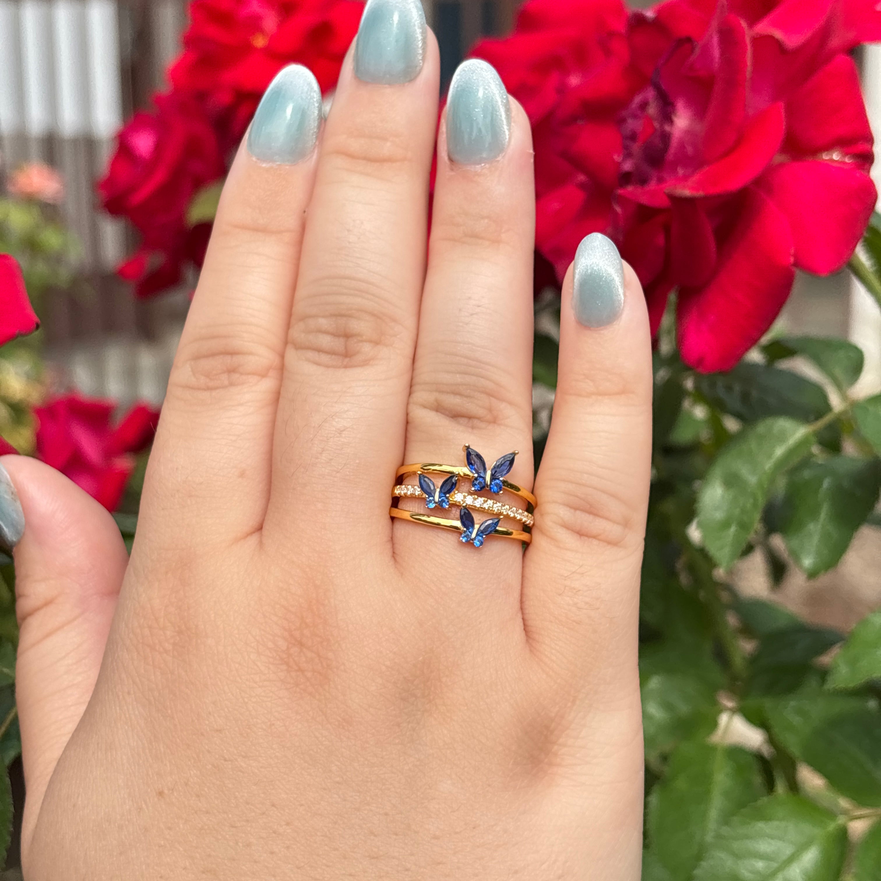 14K Gold Butterfly Crystal Ring: Adjustable Birthstone Jewelry