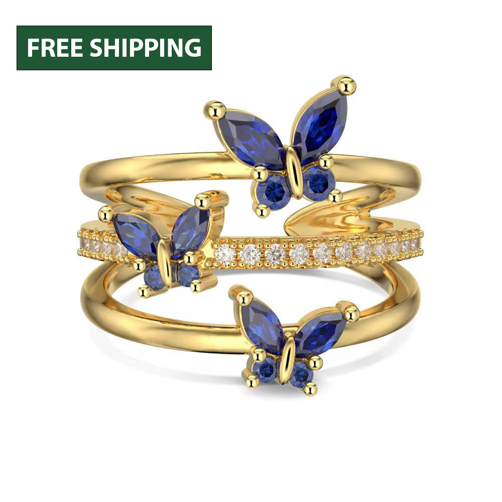 14K Gold Butterfly Crystal Ring: Adjustable Birthstone Jewelry