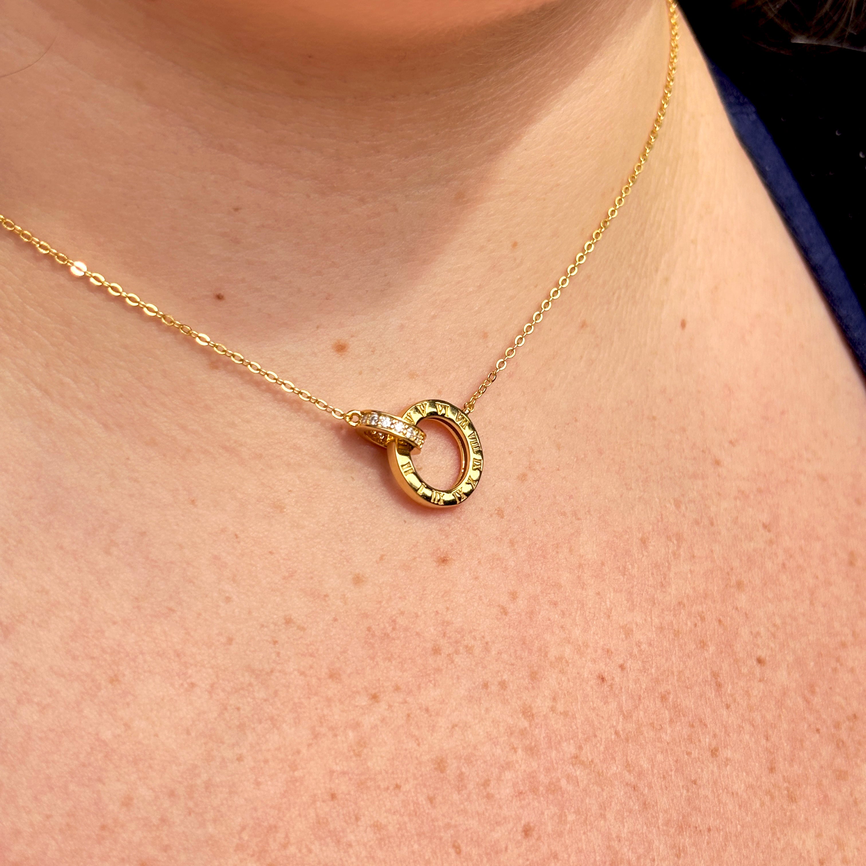 14K Gold Vermeil Roman Numeral Necklace, Interlocking Moissanite Rings