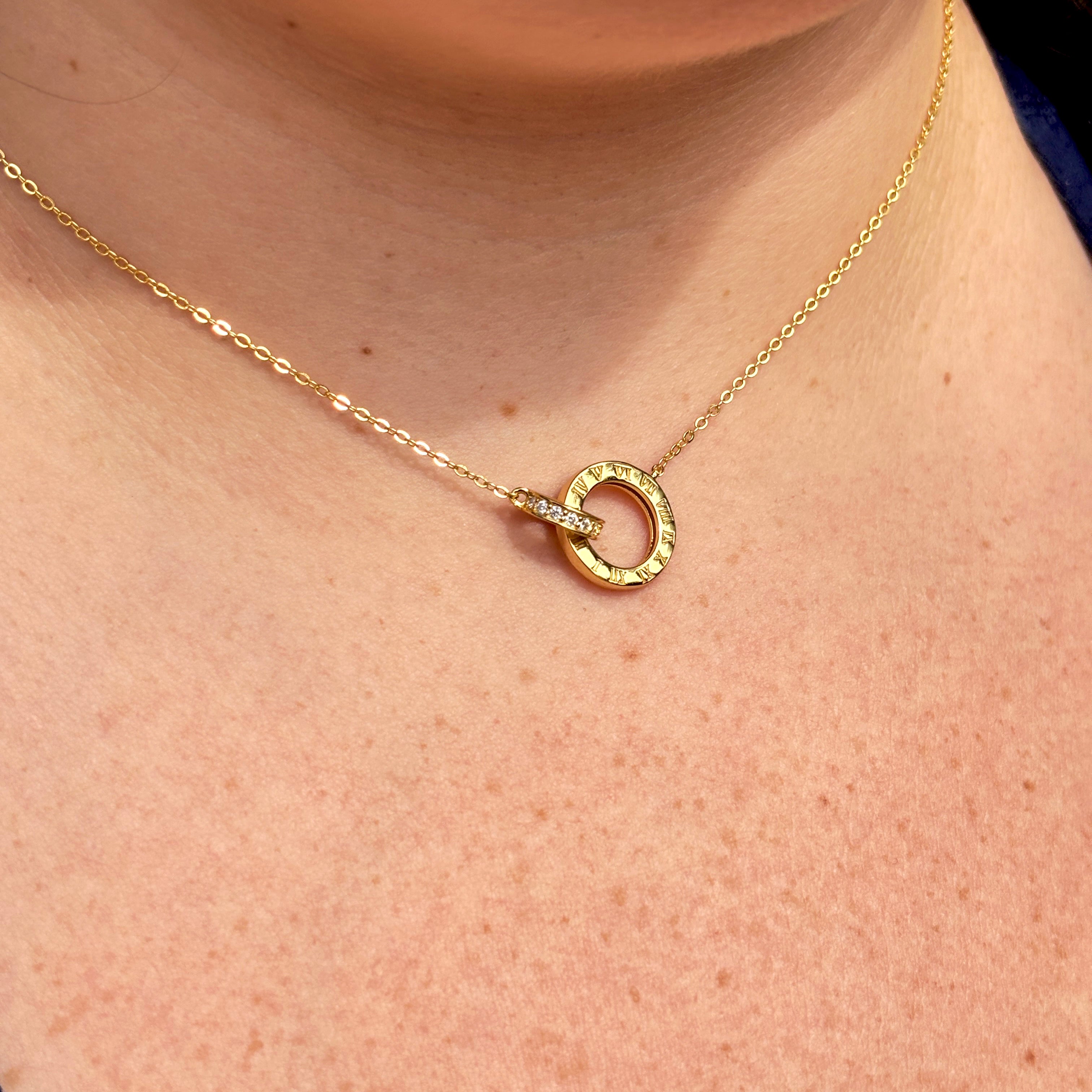 14K Gold Vermeil Roman Numeral Necklace, Interlocking Moissanite Rings