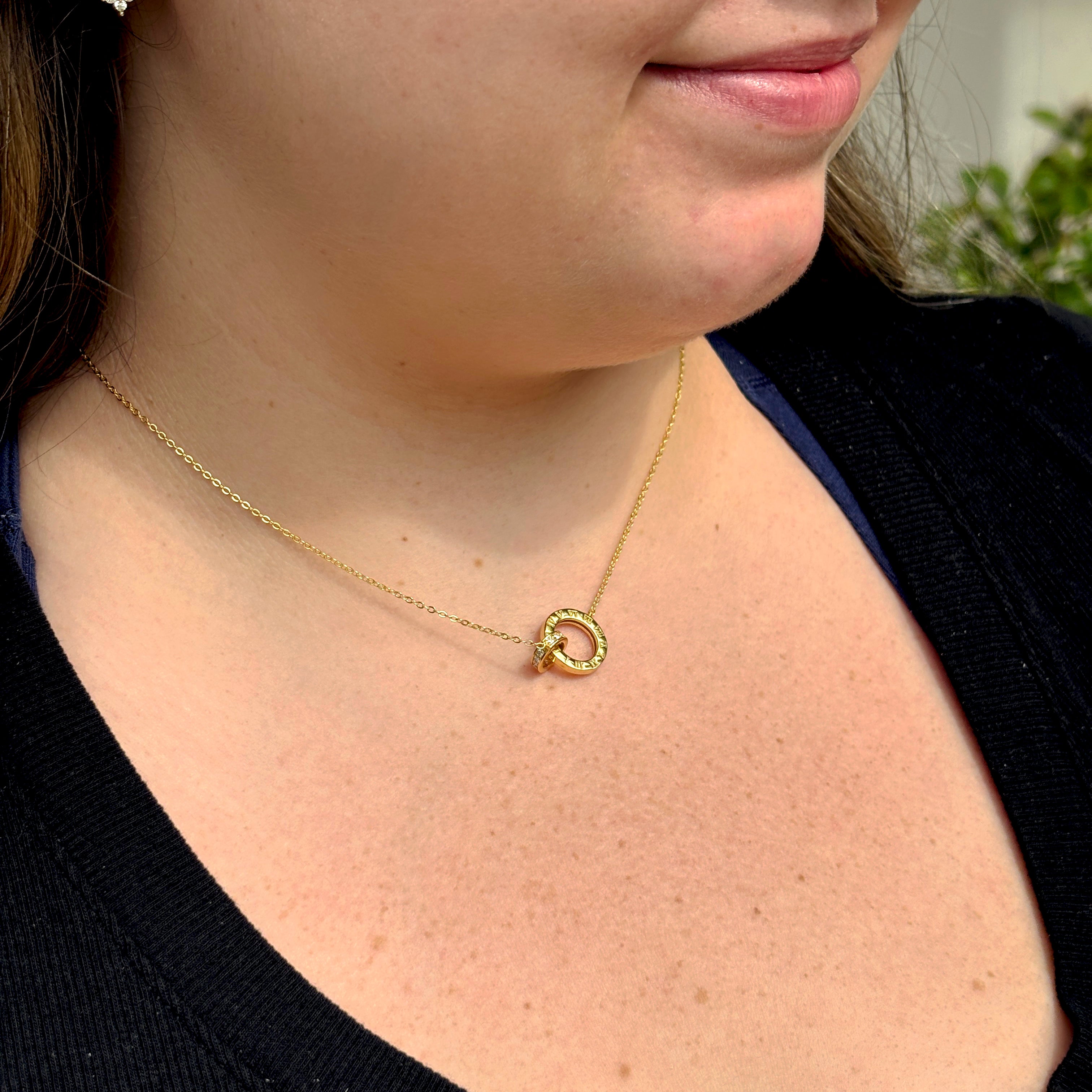 14K Gold Vermeil Roman Numeral Necklace, Interlocking Moissanite Rings