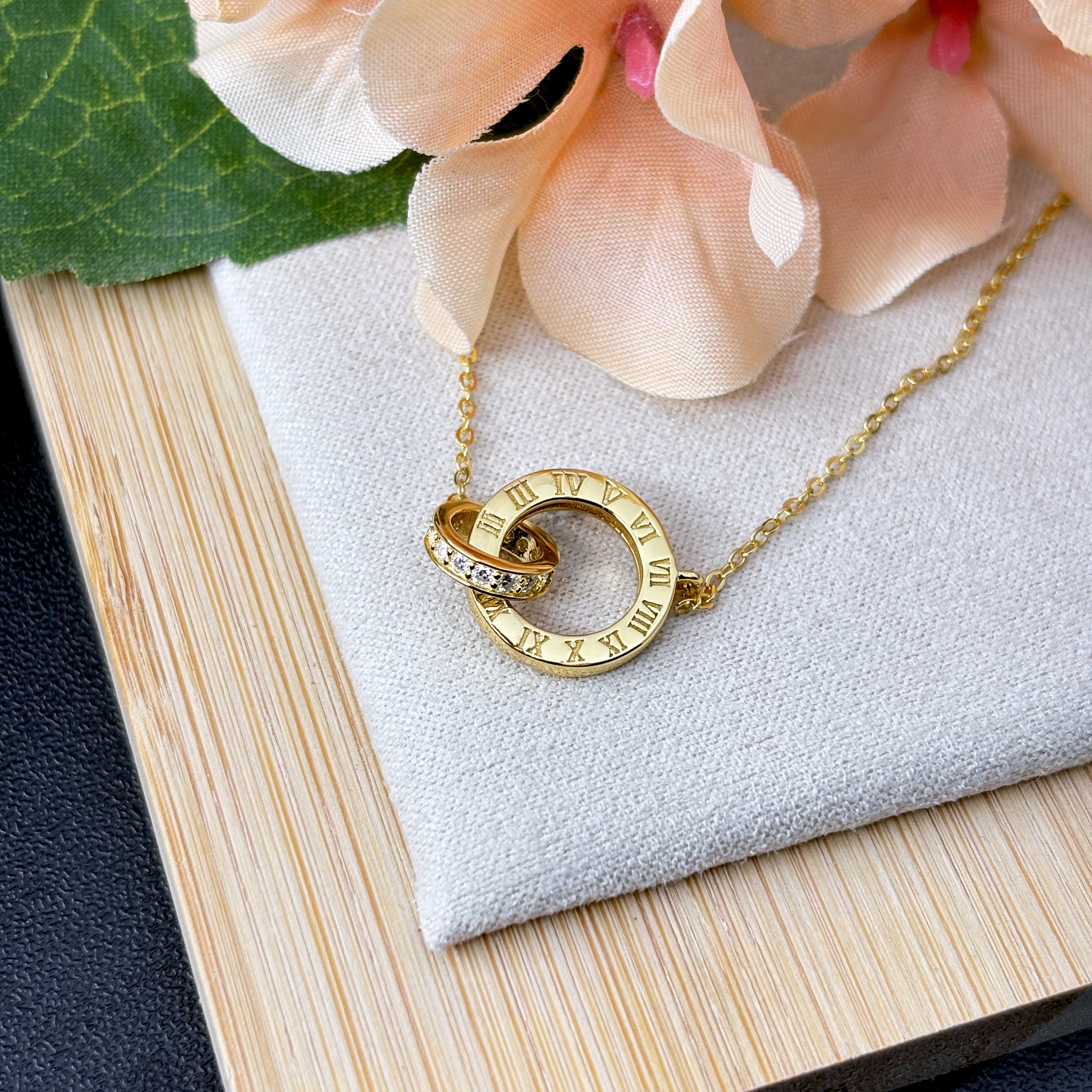14K Gold Vermeil Roman Numeral Necklace, Interlocking Moissanite Rings