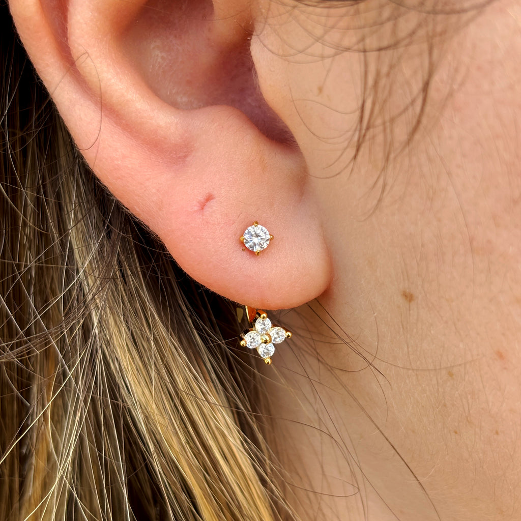 14K Gold Pave Curve CZ Drop Earrings: Sterling Silver Adjustable Cartilage Studs