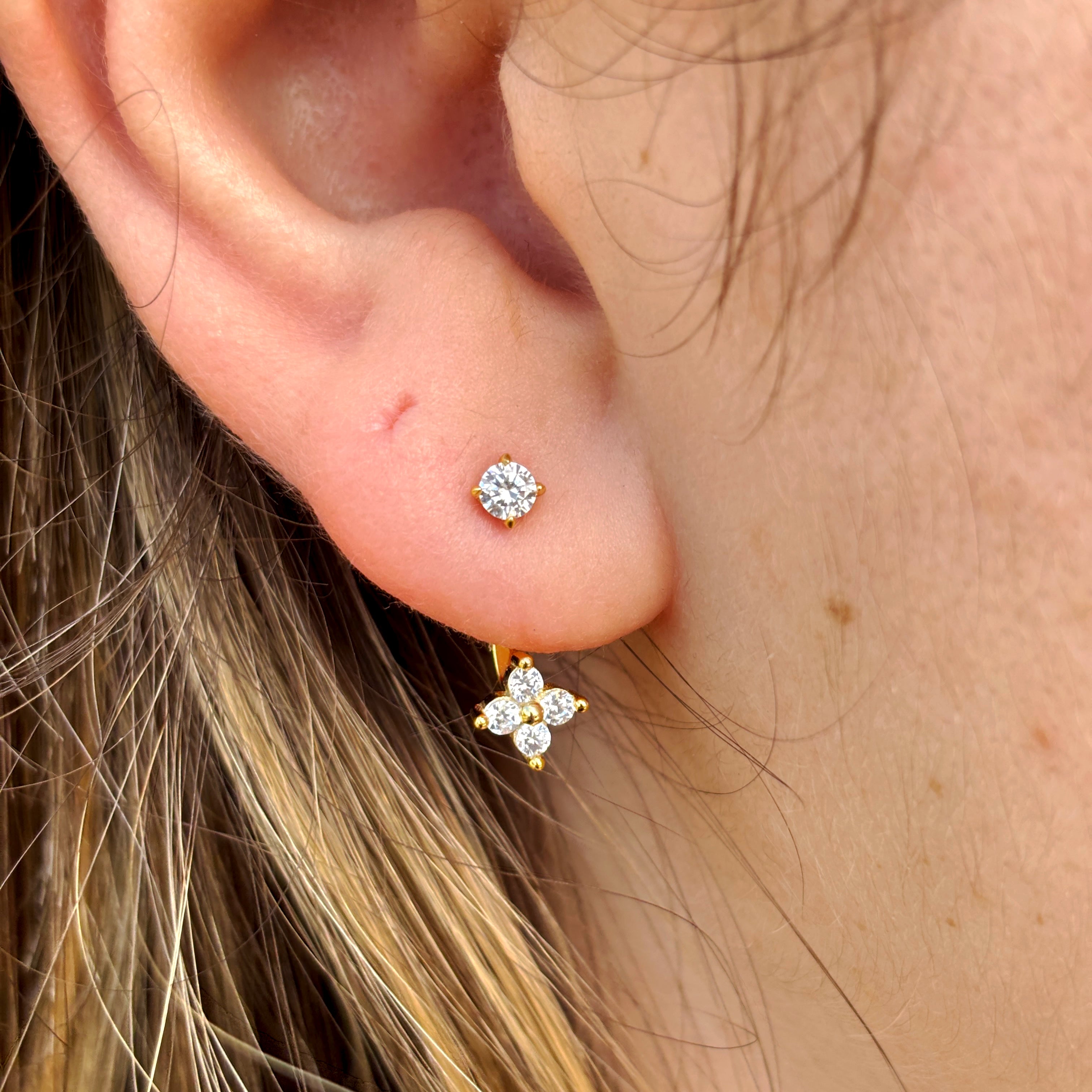 14K Gold Marquise CZ Flower Earrings: Sterling Silver Adjustable Drop