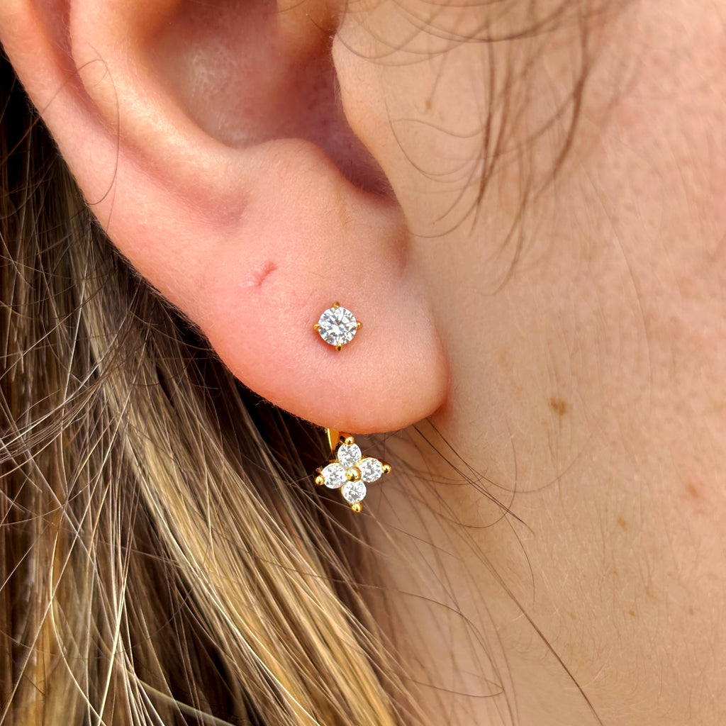 14K Gold Pave Curve CZ Drop Earrings: Sterling Silver Adjustable Cartilage Studs