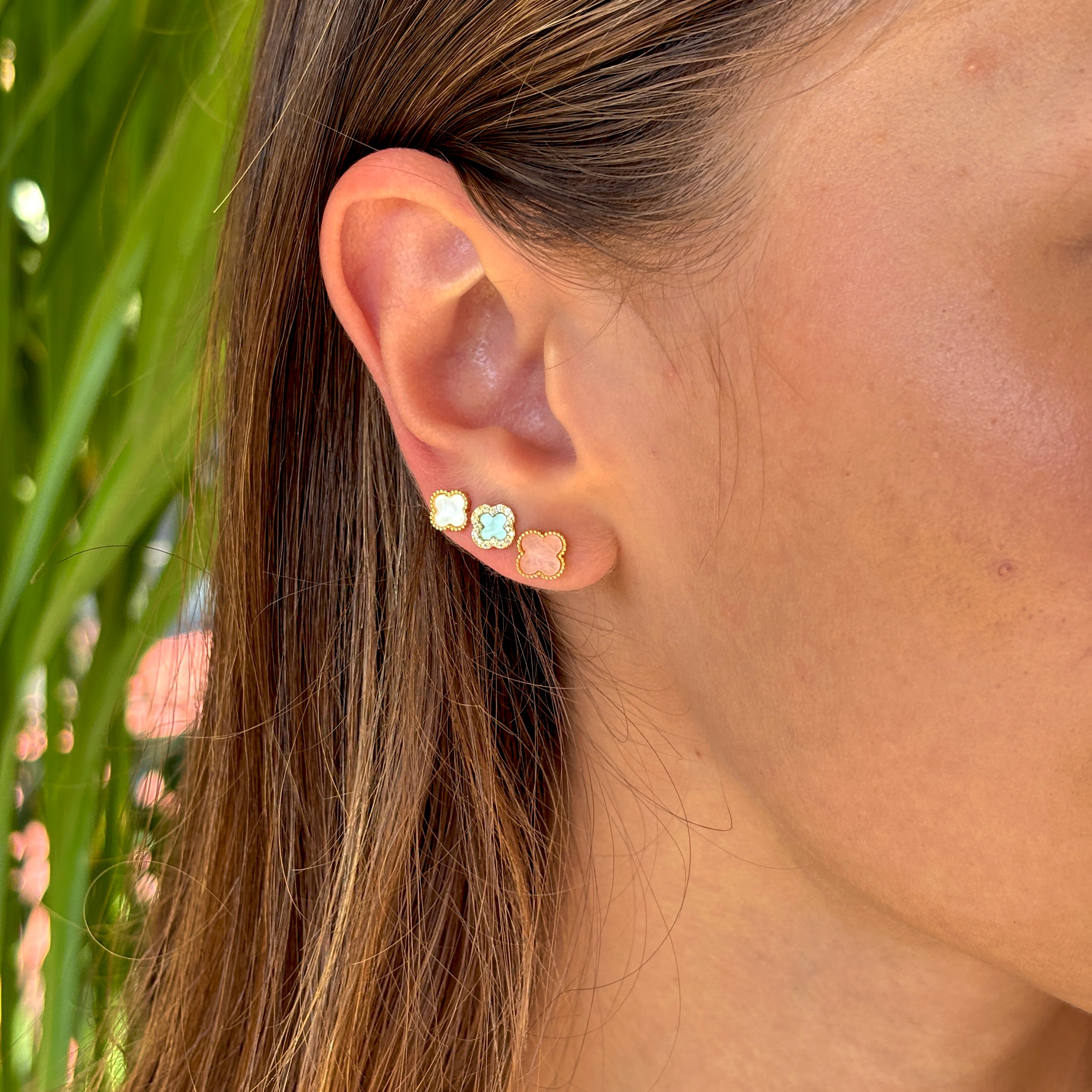 14K Gold Clover Stud Earring Set: 925 Sterling Silver Posts, Dainty Flower Earrings