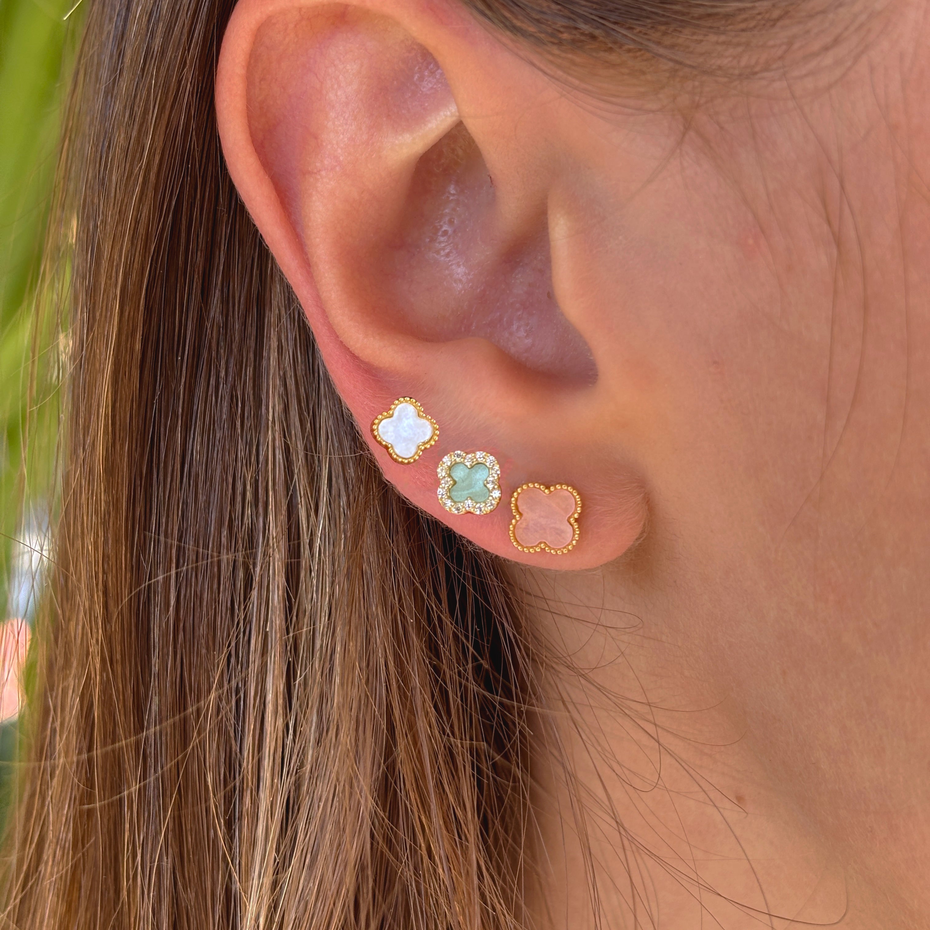 14K Gold Clover Stud Earring Set: 925 Sterling Silver Posts, Dainty Flower Earrings