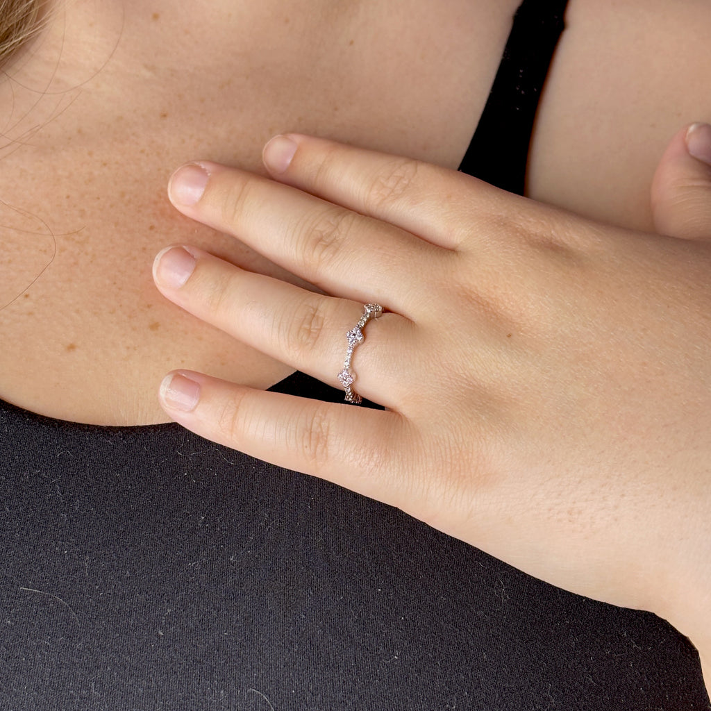 Sterling Silver Clover Ring with CZ, Lucky 4-Leaf Flower