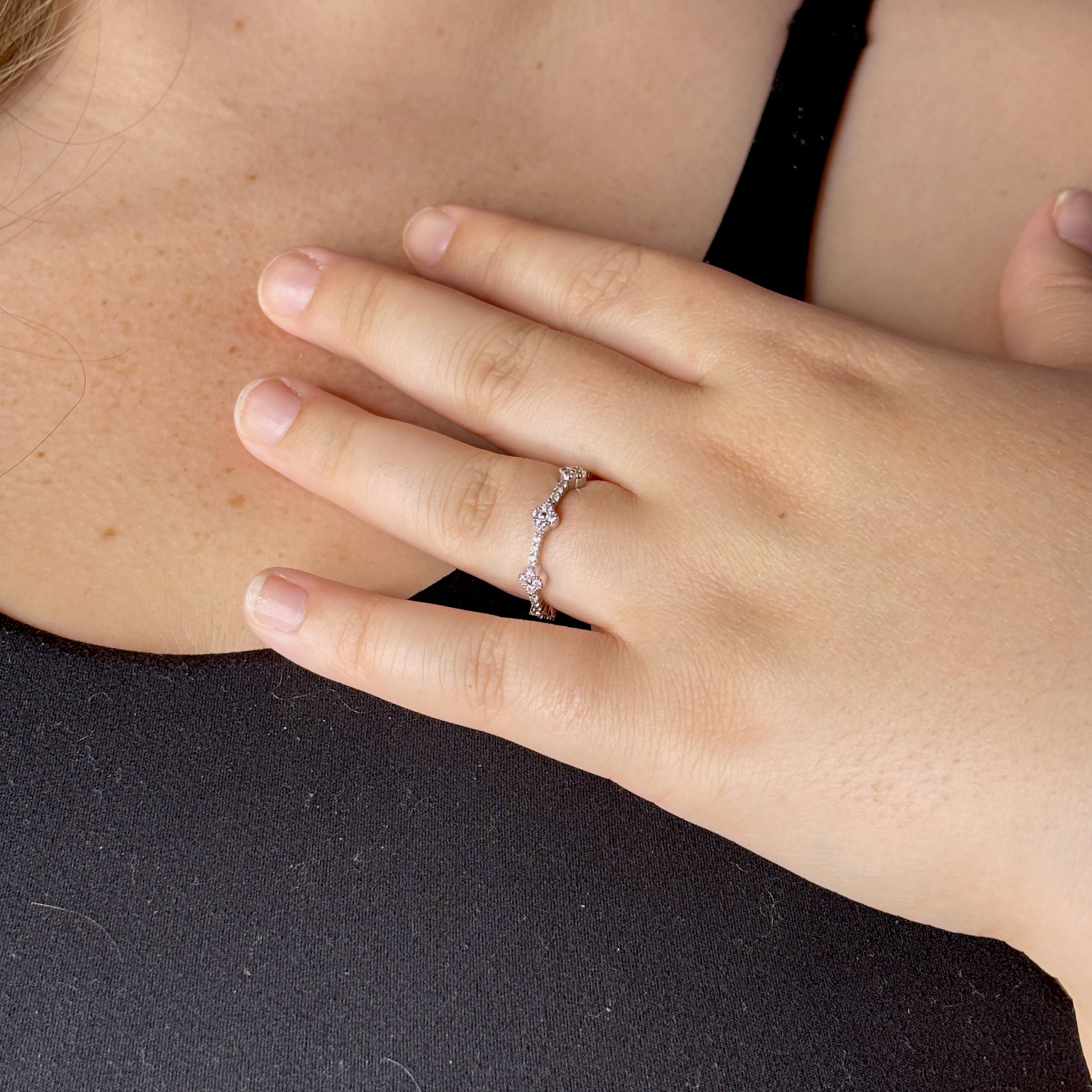 Sterling Silver Clover Ring with CZ, Lucky 4-Leaf Flower