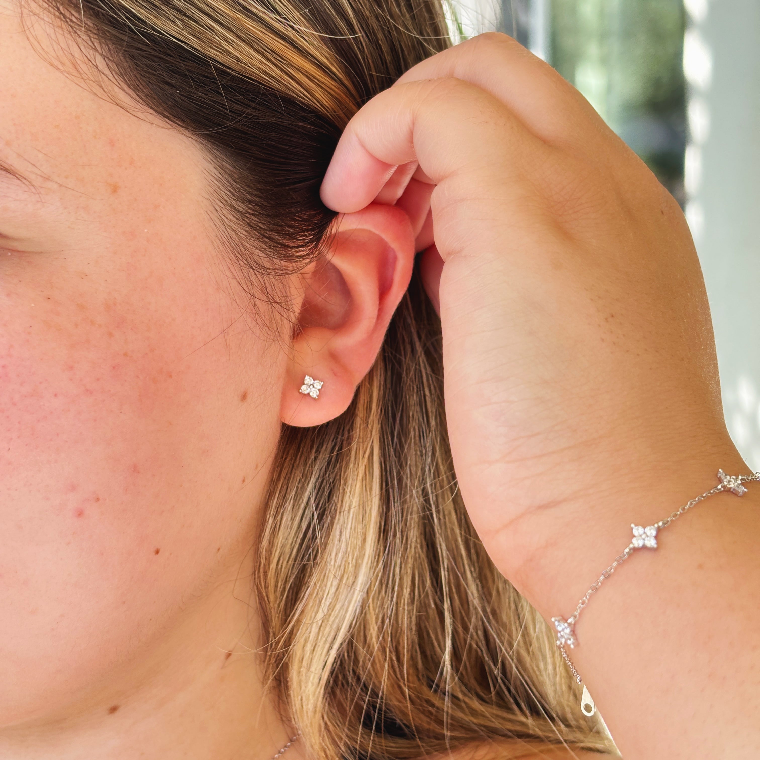 Gold Clover Stud Earrings: 18k Gold Plated Sterling Silver CZ