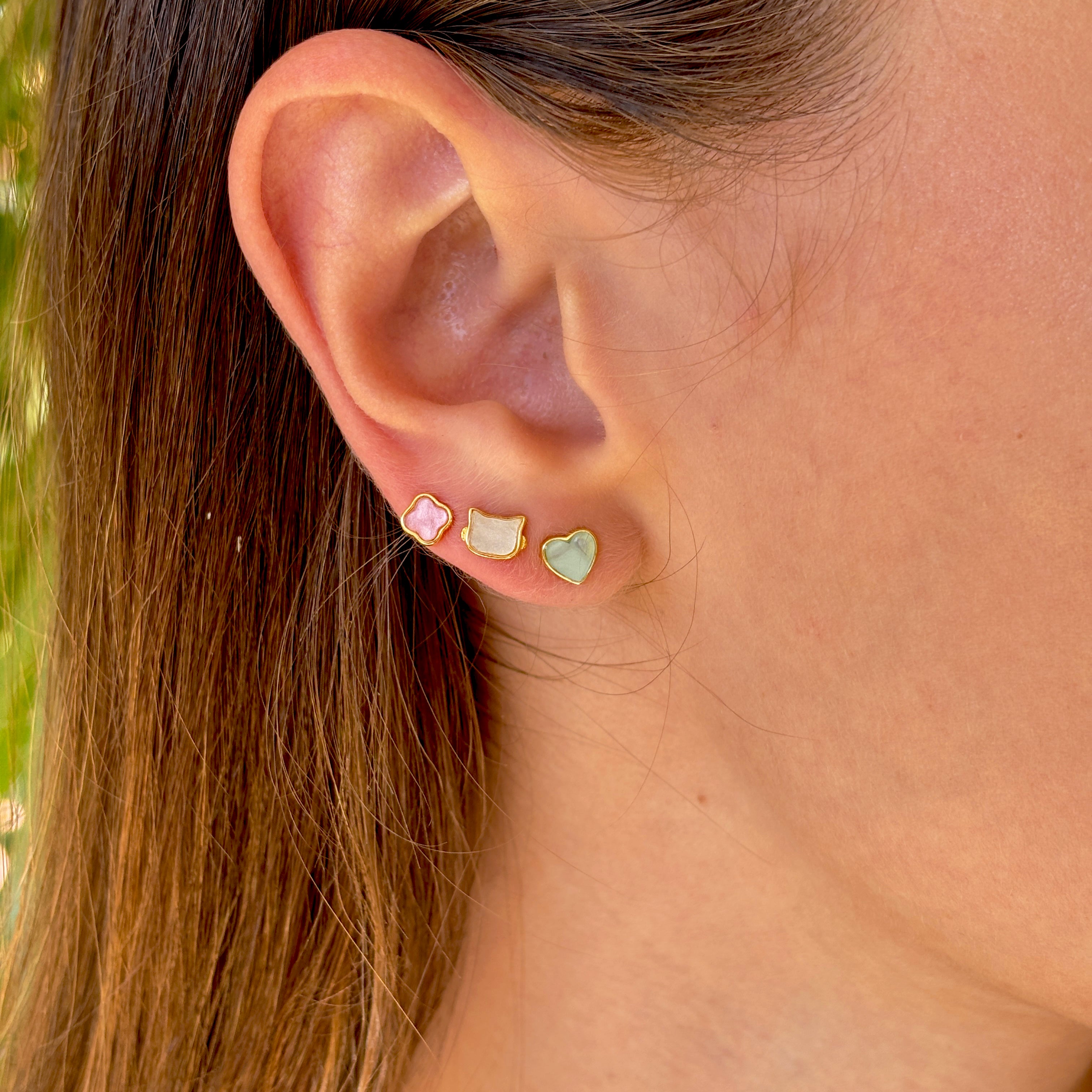 14K Gold Pastel Stud Earring Set: Sterling Silver Heart, Cat & Clover