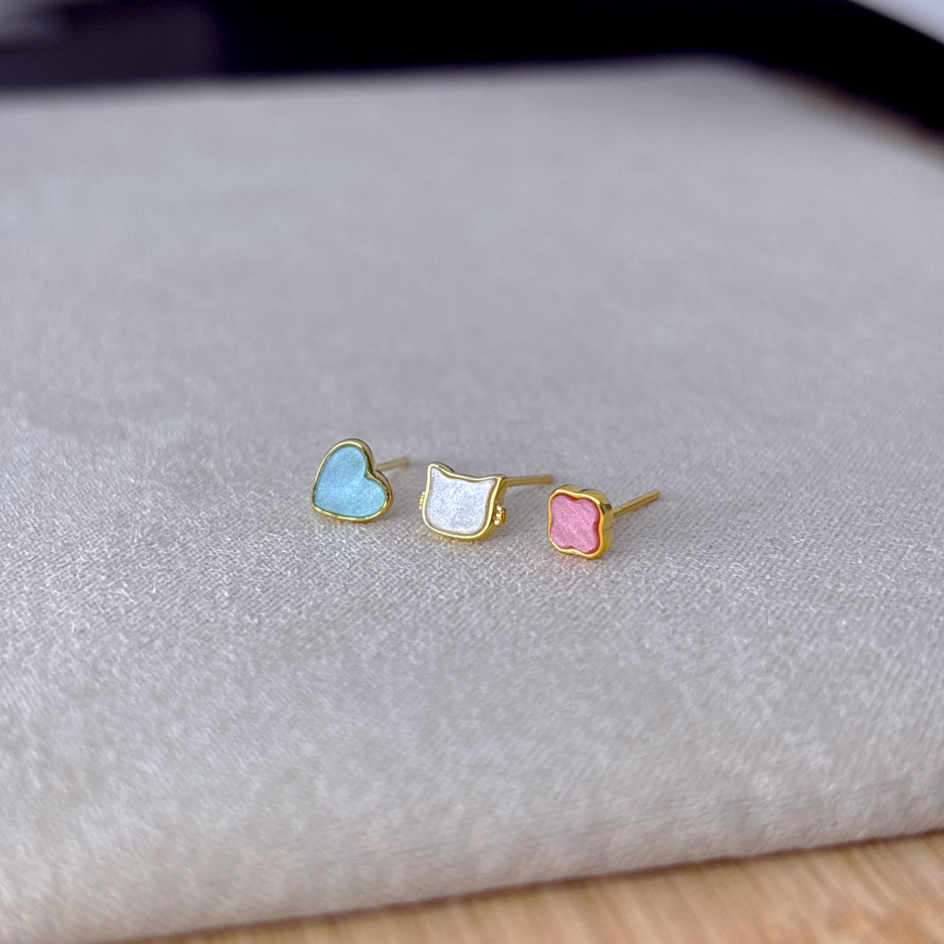 14K Gold Pastel Stud Earring Set: Sterling Silver Heart, Cat & Clover