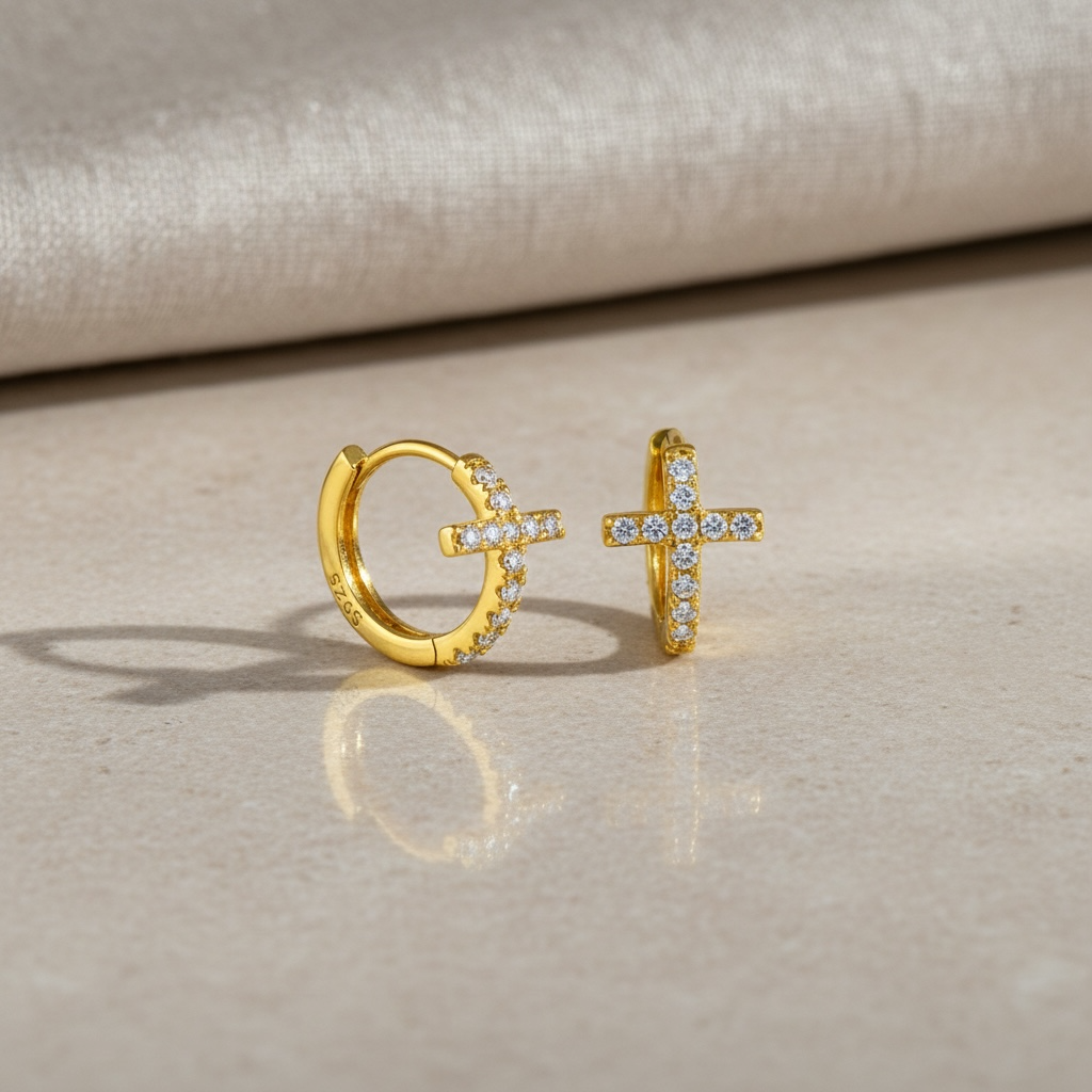Diamond Cross Huggie Hoop Earrings • Gold or Silver • Small Hypoallergenic Hoops • Tiny CZ Earrings for Women