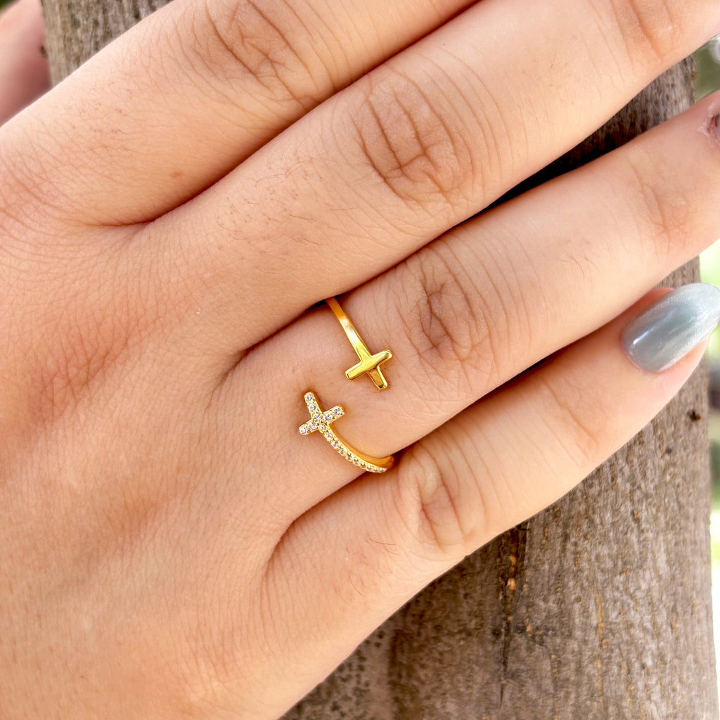 Gold & CZ Double Cross Ring by Stella Amoré: Adjustable Sterling Silver Christian Jewelry