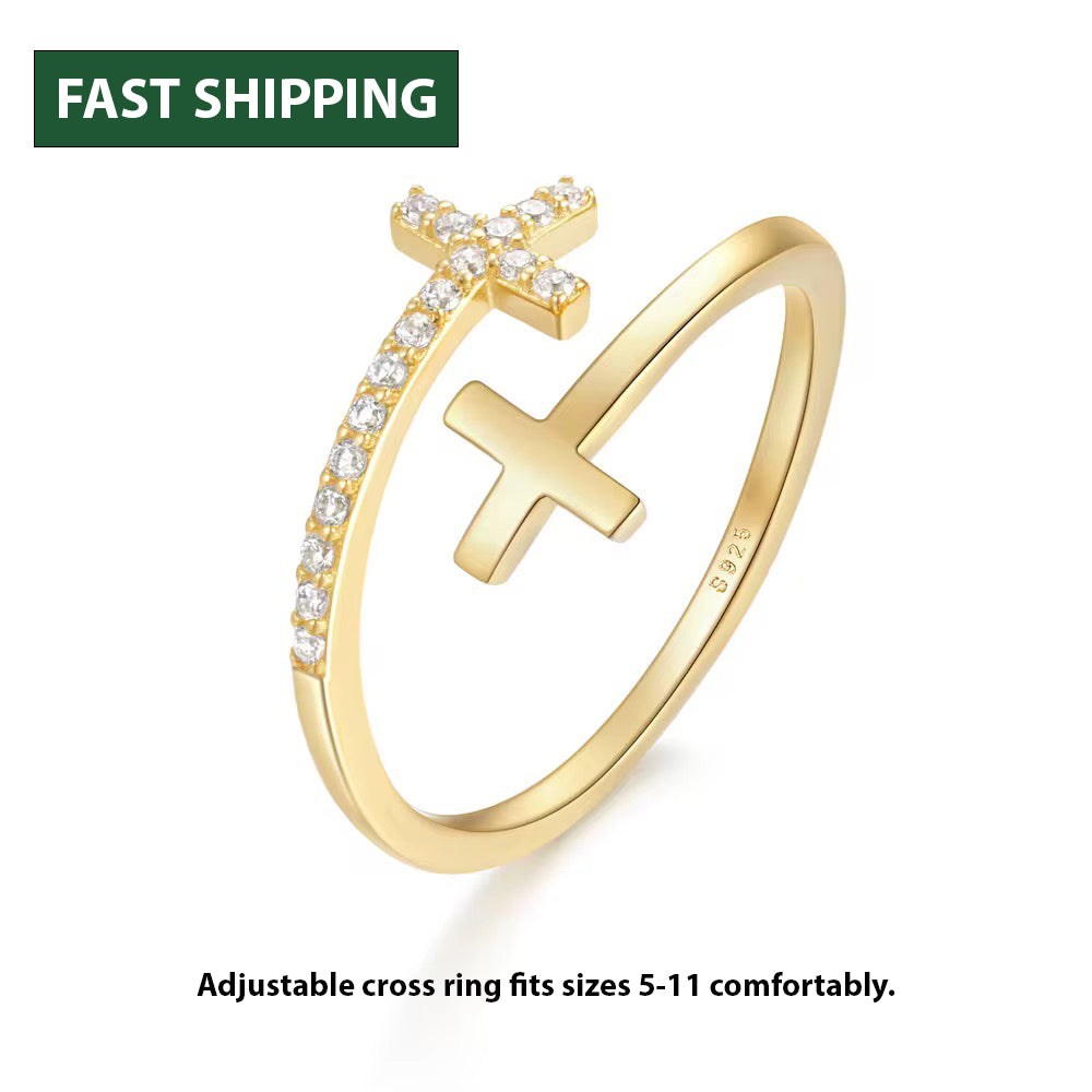 Gold & CZ Double Cross Ring by Stella Amoré: Adjustable Sterling Silver Christian Jewelry