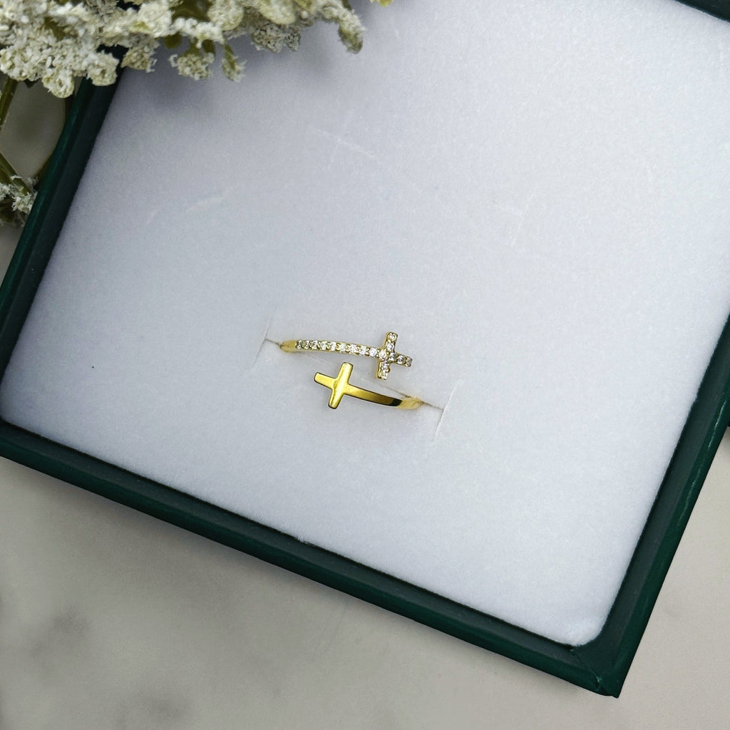Gold & CZ Double Cross Ring by Stella Amoré: Adjustable Sterling Silver Christian Jewelry