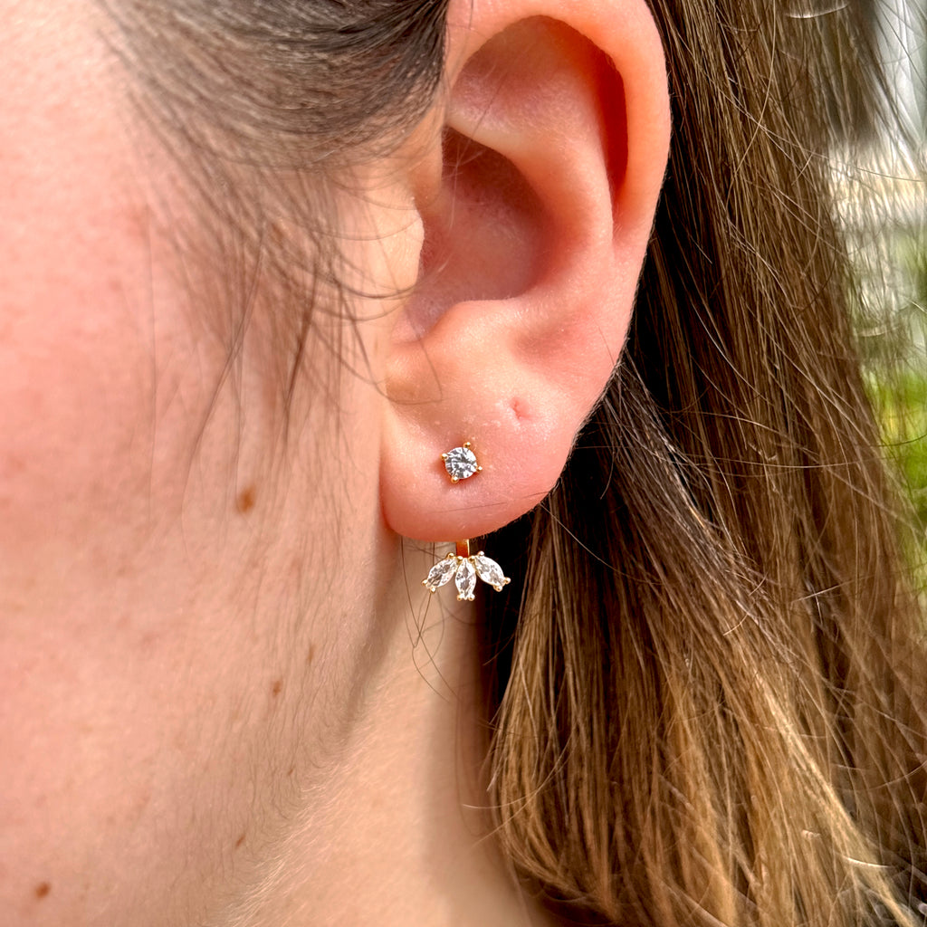 14K Gold Pave Curve CZ Drop Earrings: Sterling Silver Adjustable Cartilage Studs